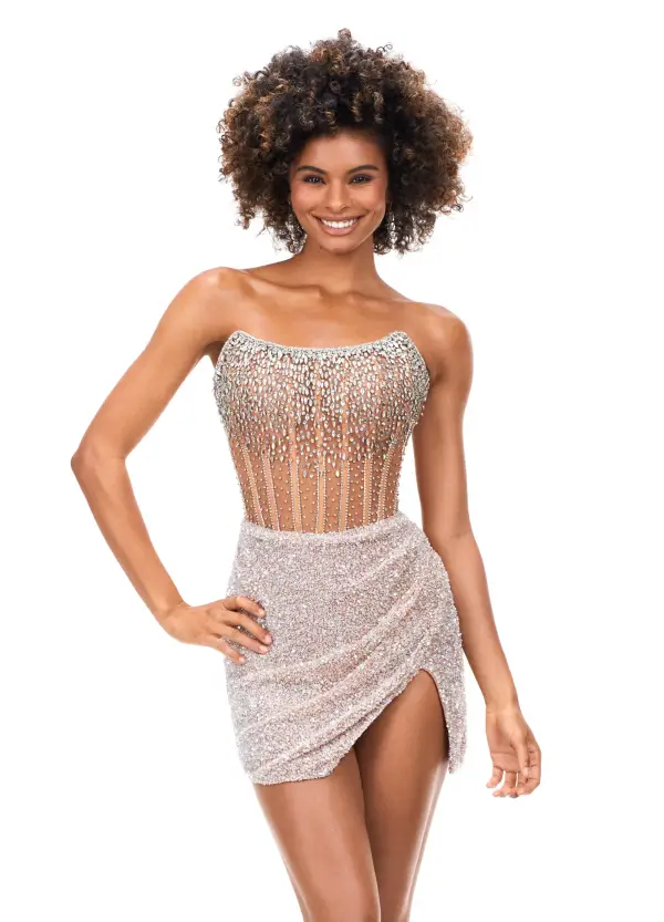 Ashley Lauren 4564 Size 16 Nude Cocktail Dress Short Sheer Beaded Maxi Slit Formal Corset Homecoming - Image 3