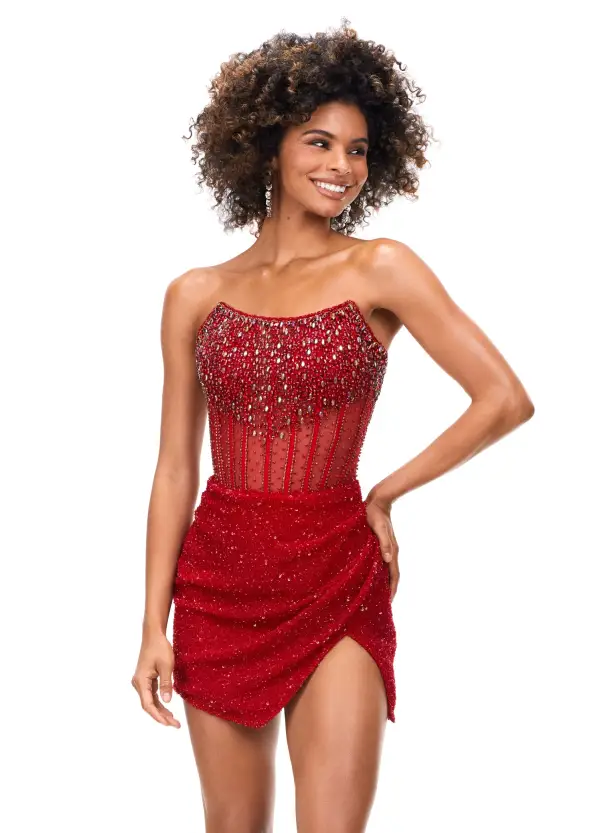 Ashley Lauren 4564 Size 16 Nude Cocktail Dress Short Sheer Beaded Maxi Slit Formal Corset Homecoming - Image 4