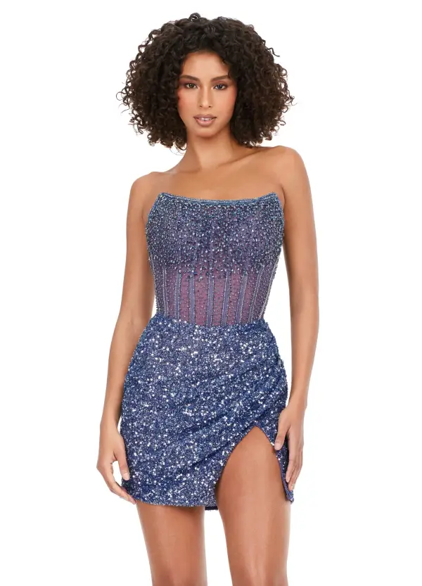 Ashley Lauren 4564 Size 16 Nude Cocktail Dress Short Sheer Beaded Maxi Slit Formal Corset Homecoming - Image 5