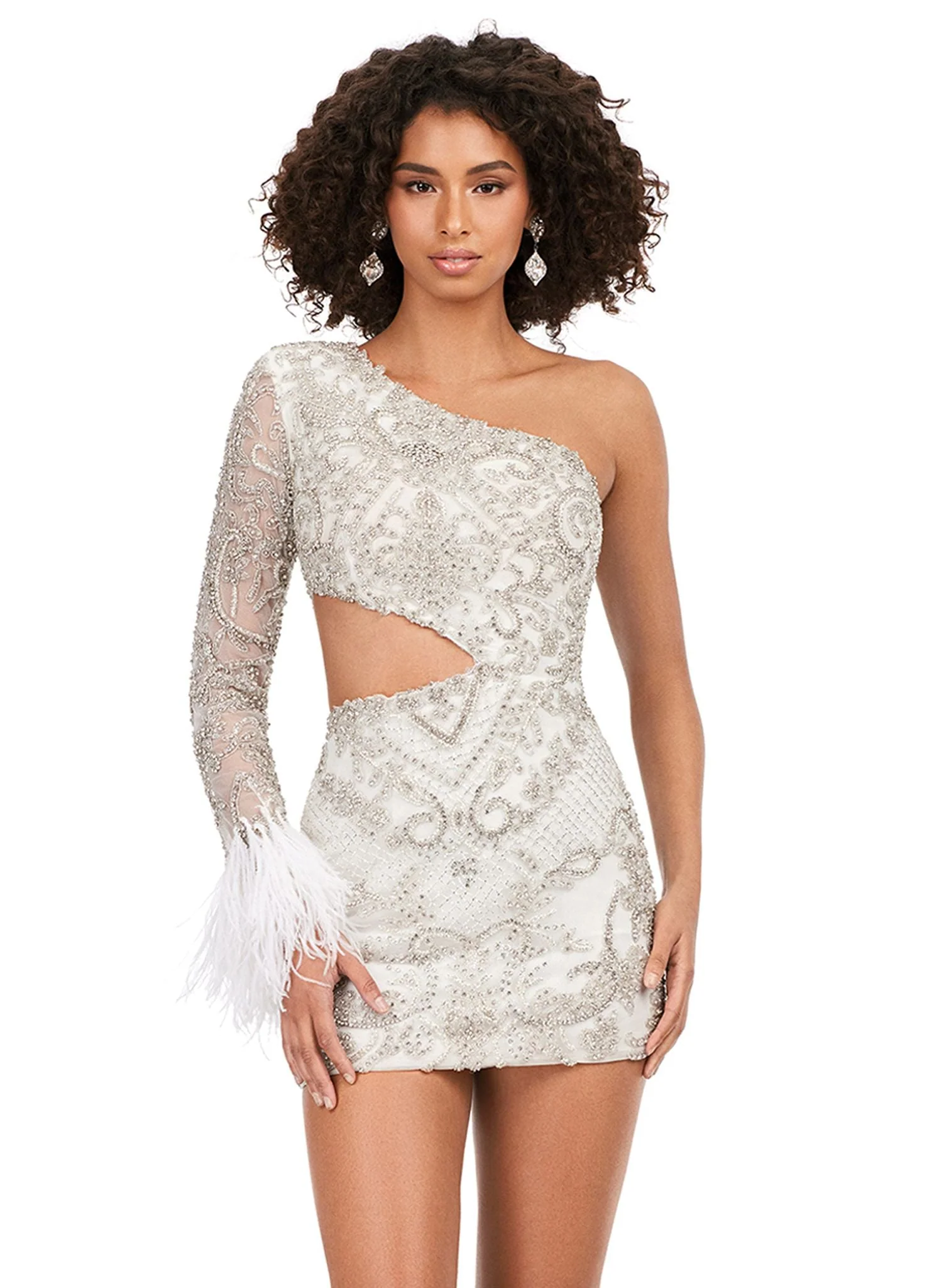 Ashley Lauren 4565 Cocktail Dress Fitted One Shoulder Beaded with Feather Details - Image 2
