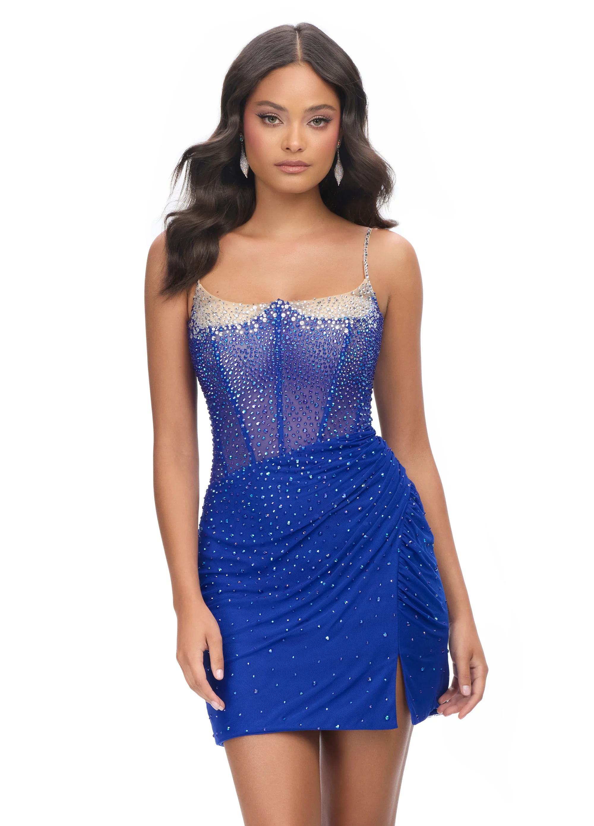 Ashley Lauren 4690 Cocktail Dress Corset Sheer Left Leg Slit Spaghetti Straps - Image 5