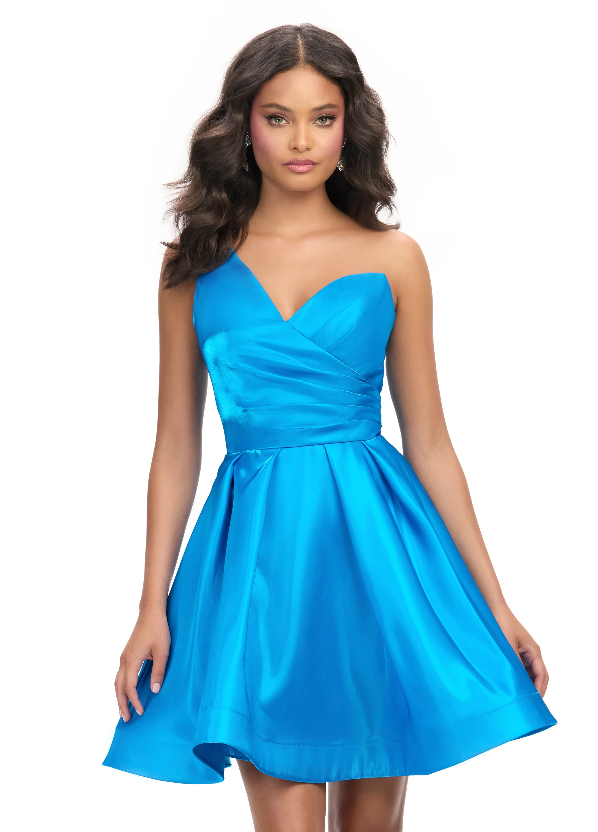 Ashley Lauren 4786 One Shoulder Satin Cocktail Dress Ruched Bodice A Line Skirt with Horsehair Trim - Image 2