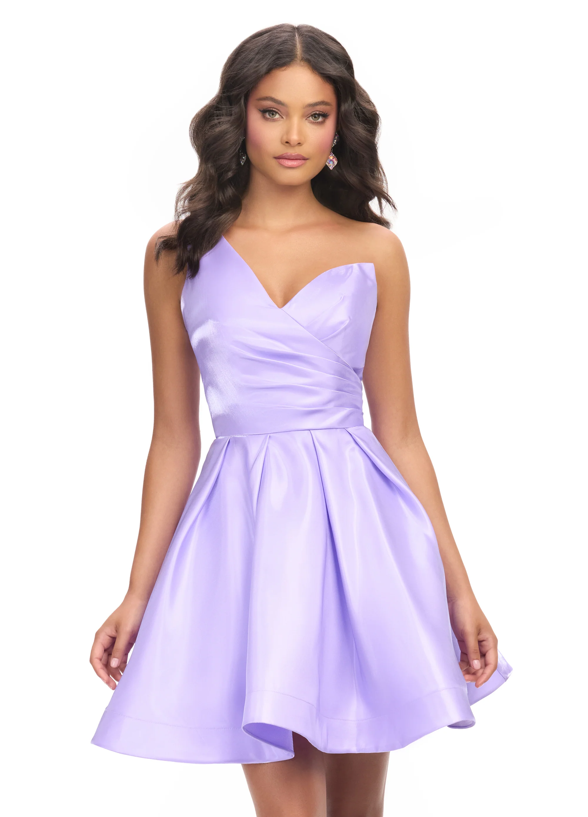Ashley Lauren 4786 One Shoulder Satin Cocktail Dress Ruched Bodice A Line Skirt with Horsehair Trim - Image 3