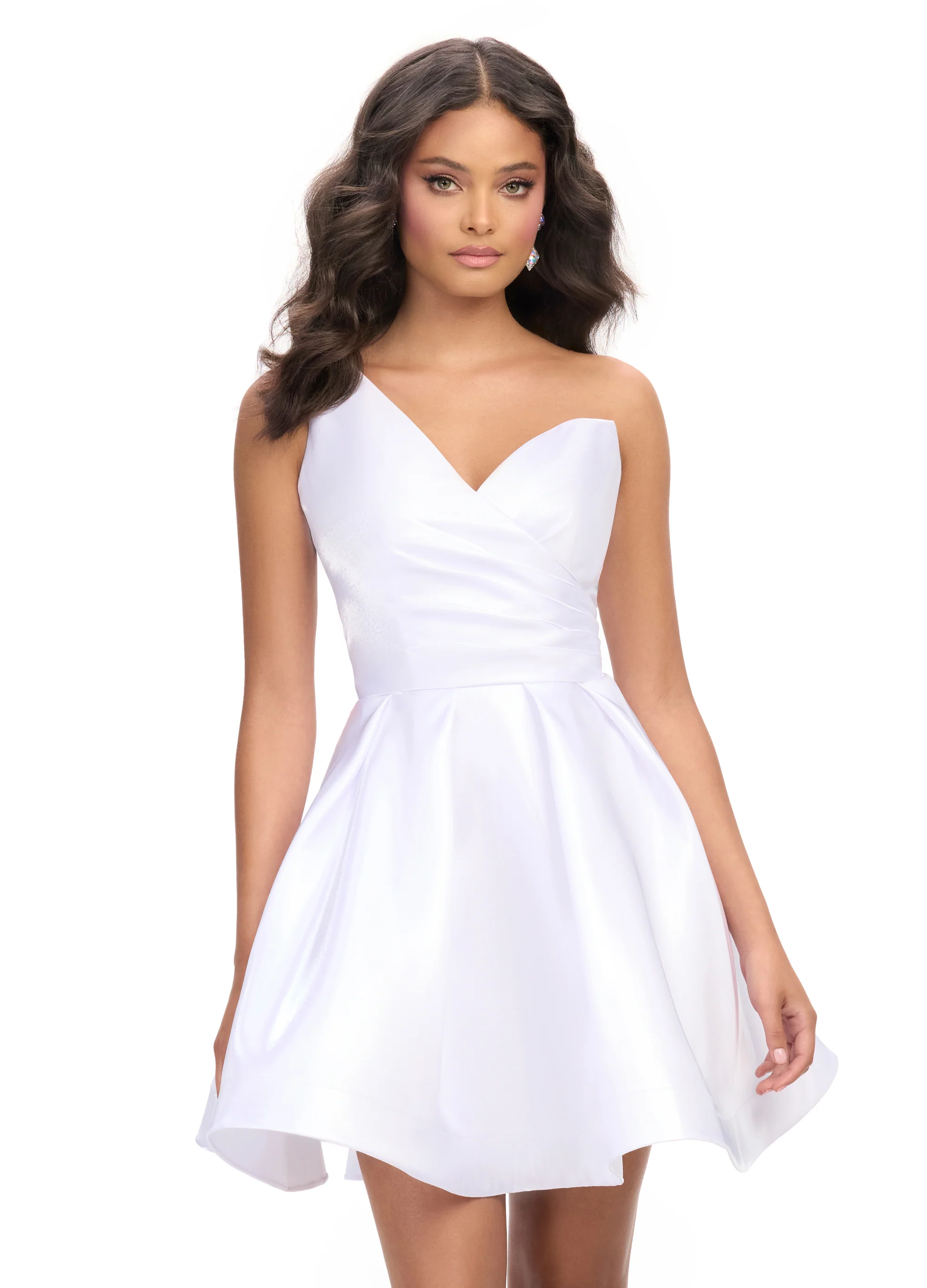 Ashley Lauren 4786 One Shoulder Satin Cocktail Dress Ruched Bodice A Line Skirt with Horsehair Trim - Image 4