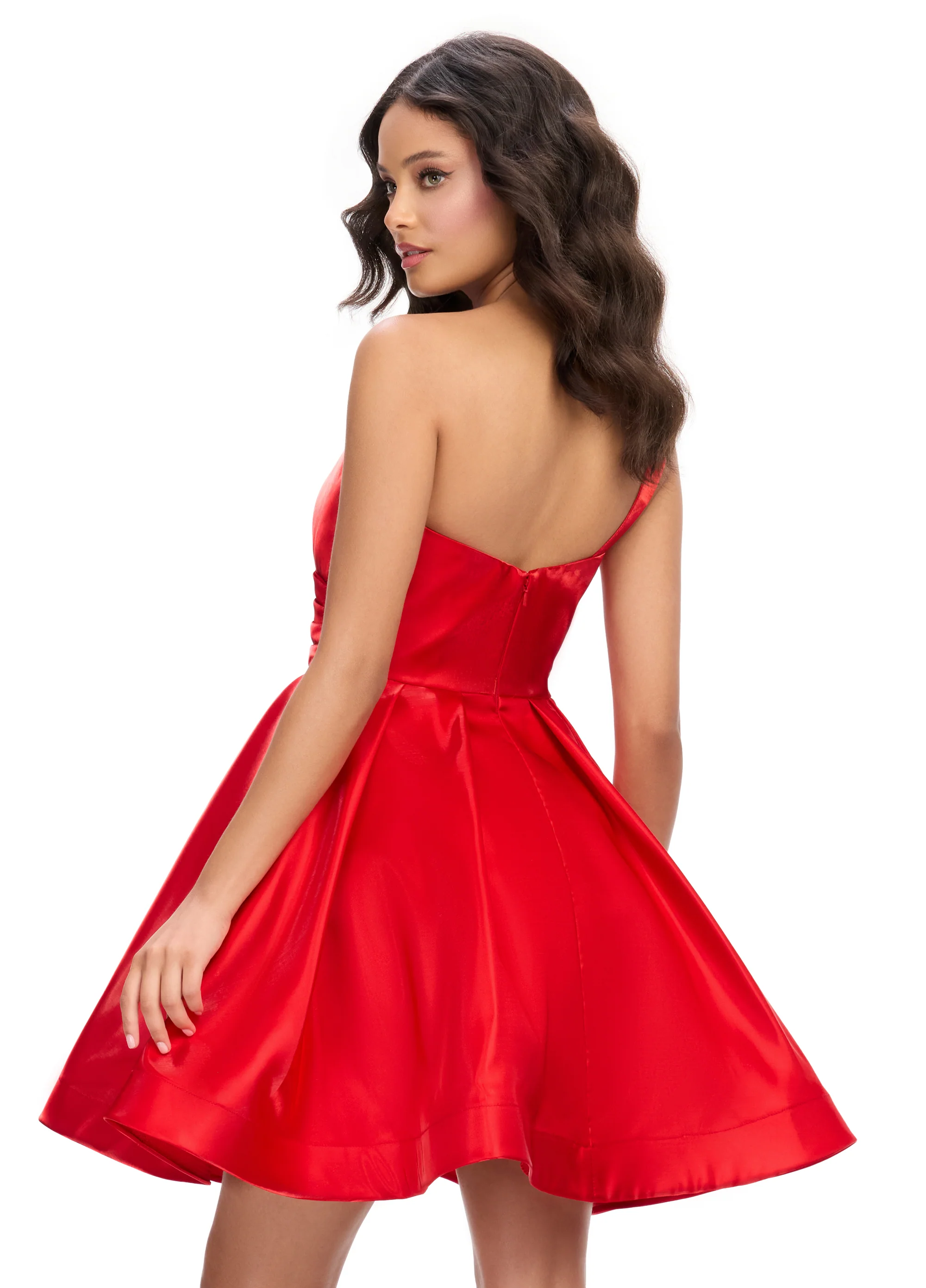 Ashley Lauren 4786 One Shoulder Satin Cocktail Dress Ruched Bodice A Line Skirt with Horsehair Trim - Image 5
