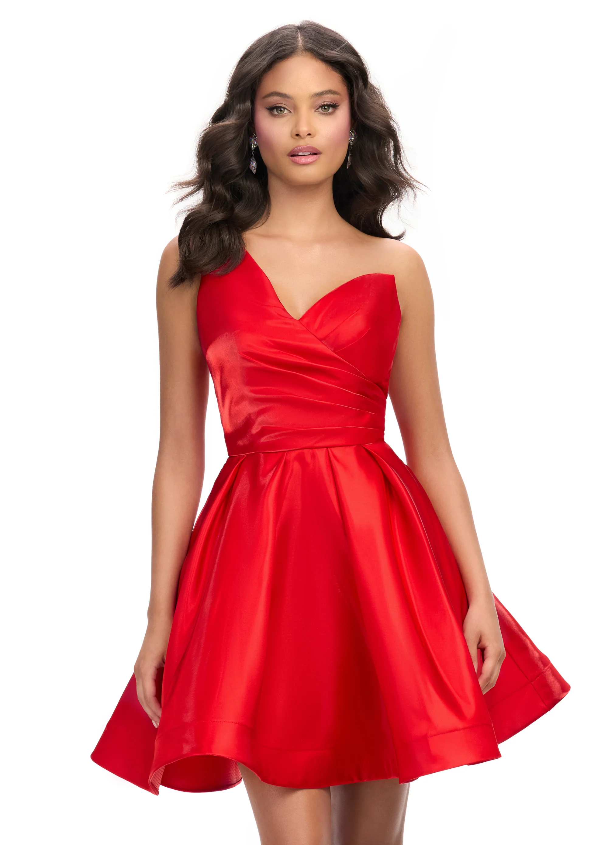 Ashley Lauren 4786 One Shoulder Satin Cocktail Dress Ruched Bodice A Line Skirt with Horsehair Trim - Image 7