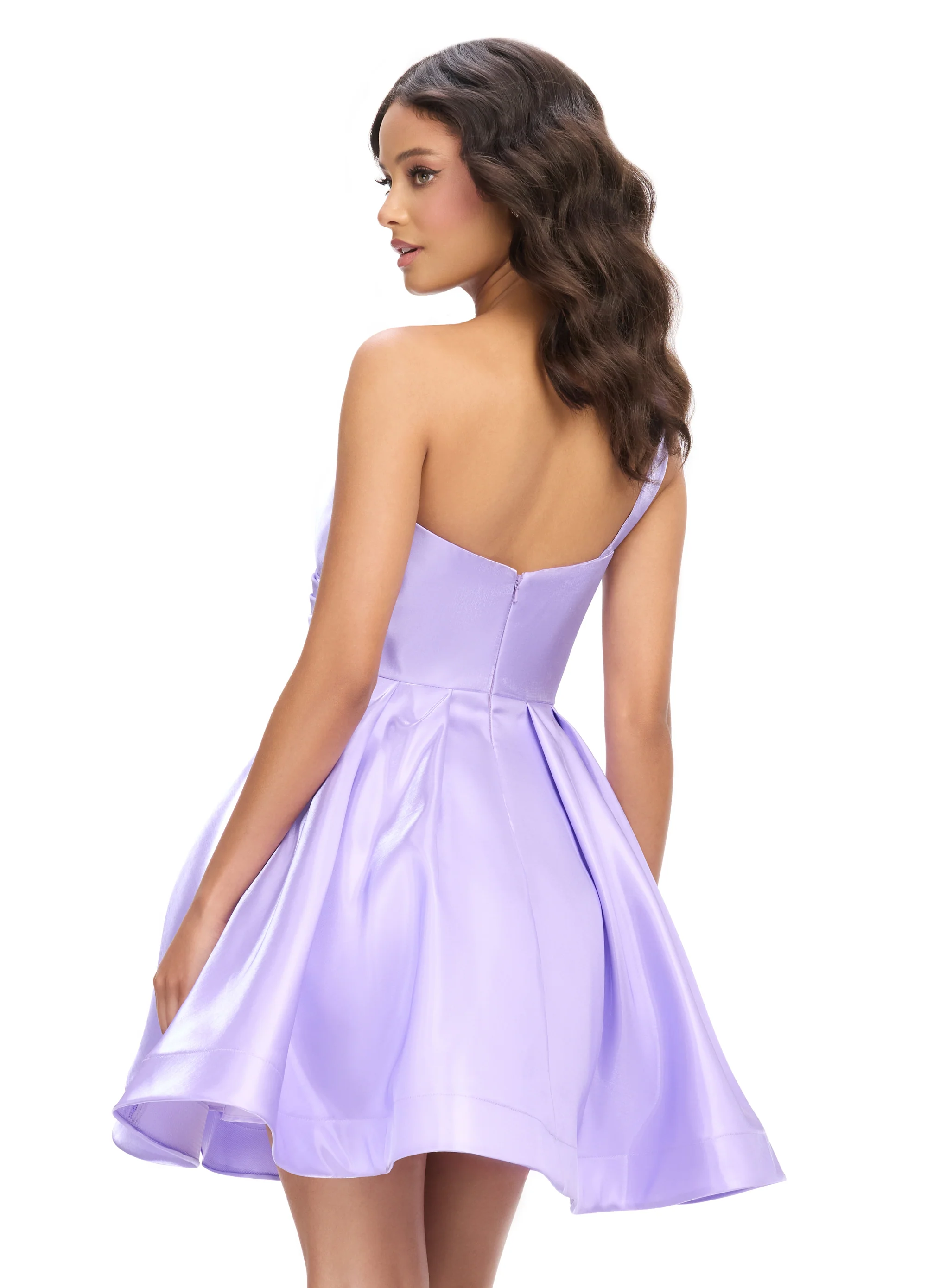 Ashley Lauren 4786 One Shoulder Satin Cocktail Dress Ruched Bodice A Line Skirt with Horsehair Trim - Image 9