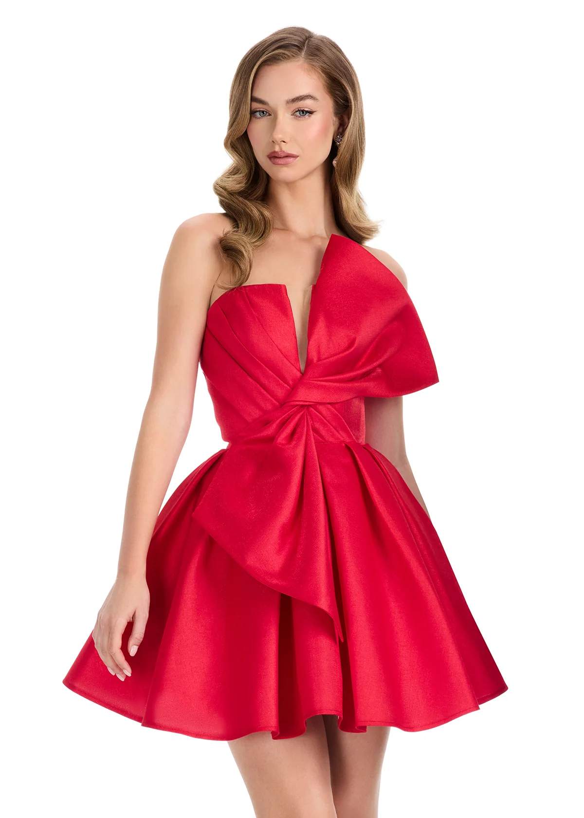 Ashley Lauren 4816 Short Flared Bow Pleated Cocktail Dress Homecoming Gown V neck Formal