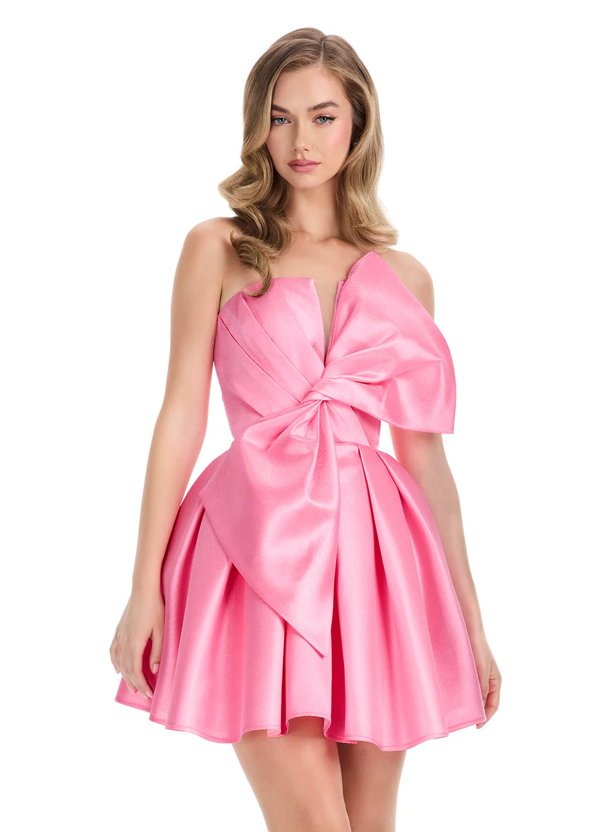 Ashley Lauren 4816 Short Flared Bow Pleated Cocktail Dress Homecoming Gown V neck Formal - Image 3
