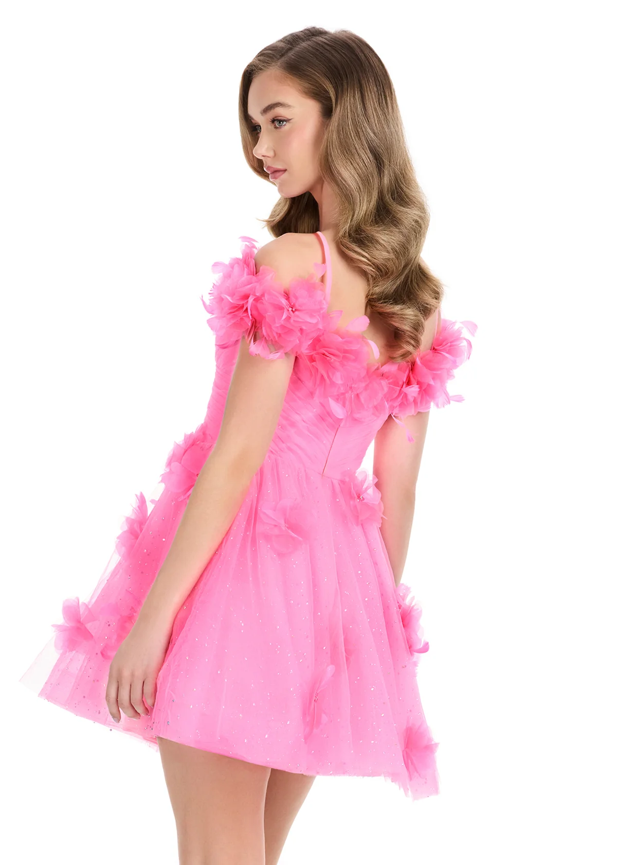 Ashley Lauren 4818 glitter tulle short dress floral appliques flared skirt - Image 2