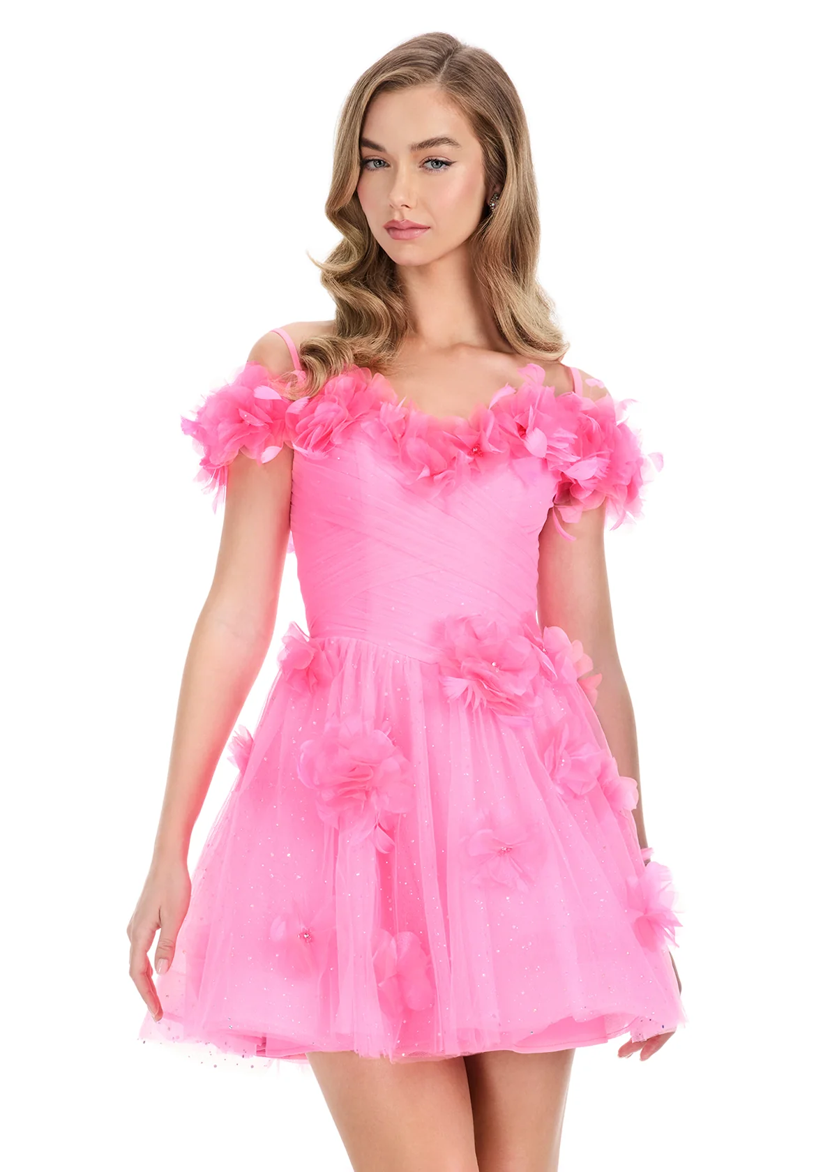 Ashley Lauren 4818 glitter tulle short dress floral appliques flared skirt - Image 3