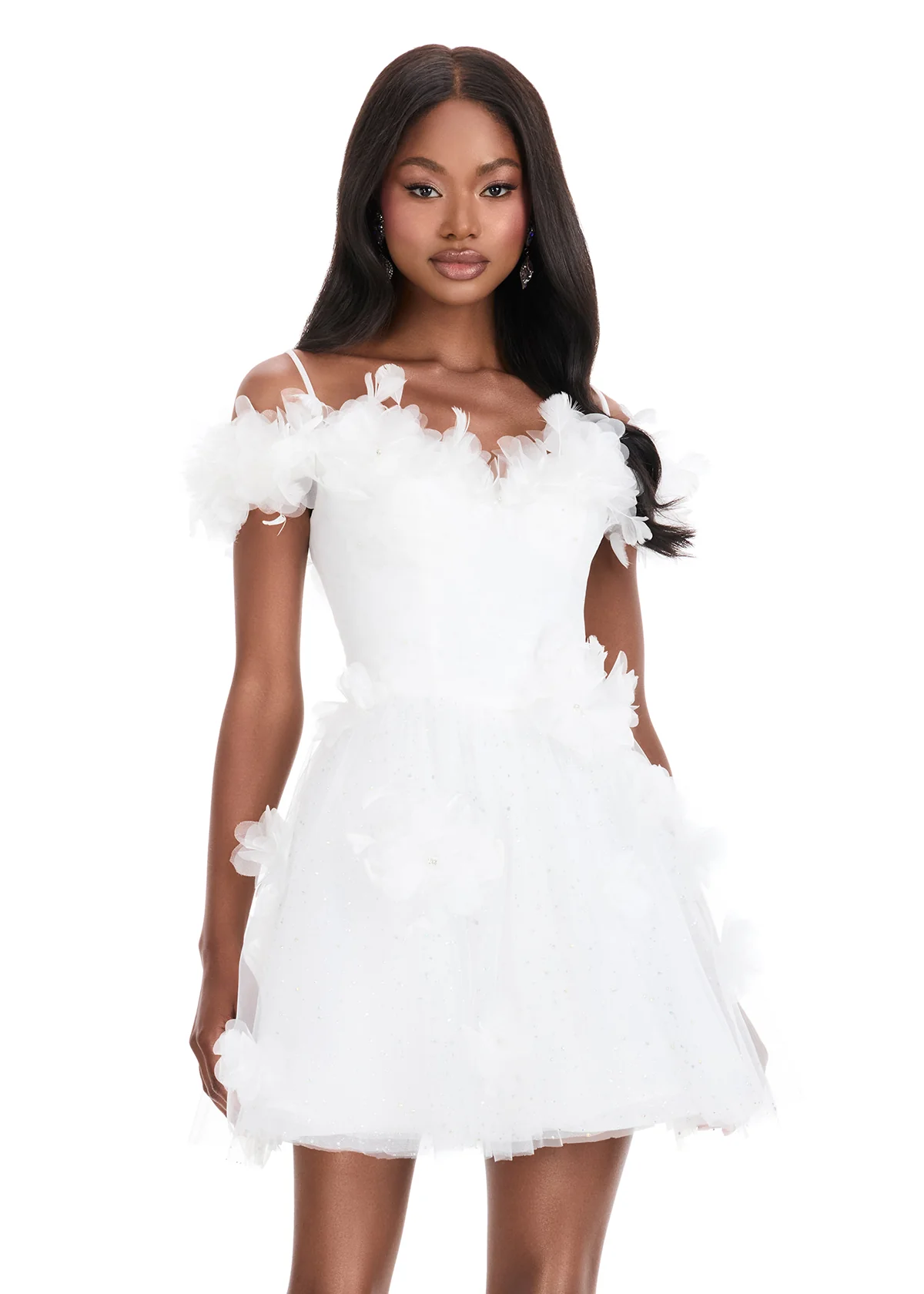 Ashley Lauren 4818 glitter tulle short dress floral appliques flared skirt - Image 5