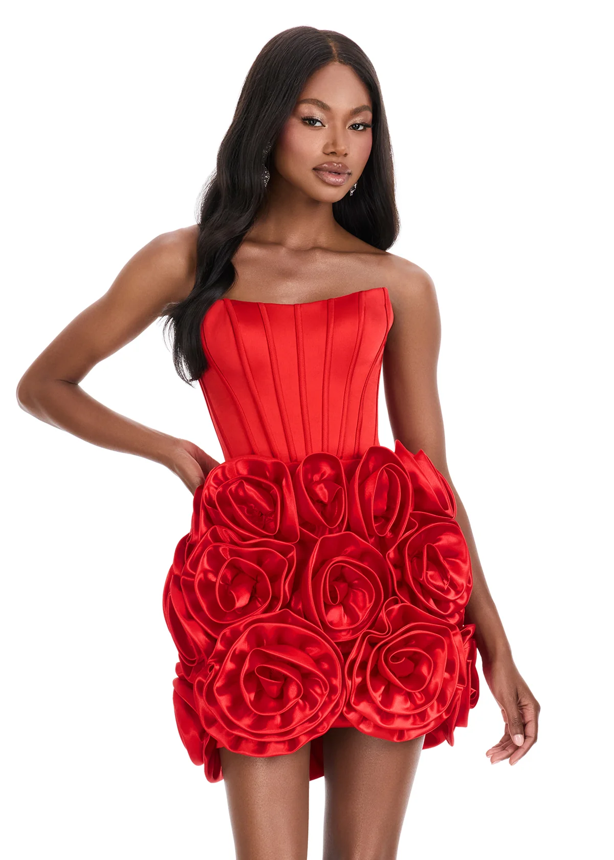 Ashley Lauren 4831 Satin Cocktail Dress Corset Oversized Flower Skirt
