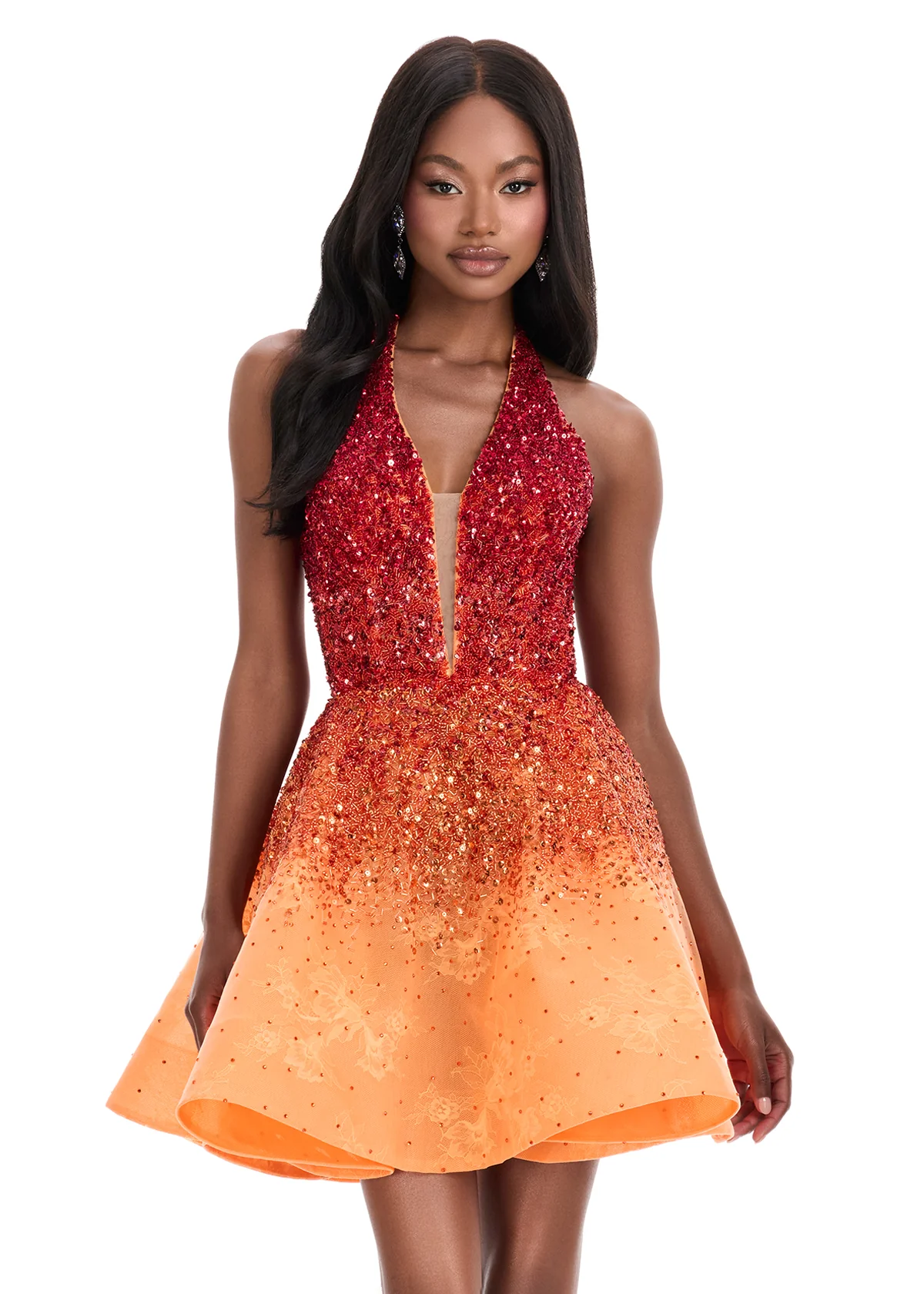 Ashley Lauren 4833 Short Sequin Flared Halter Homecoming Dress Ombre Cocktail Gown V Neck
