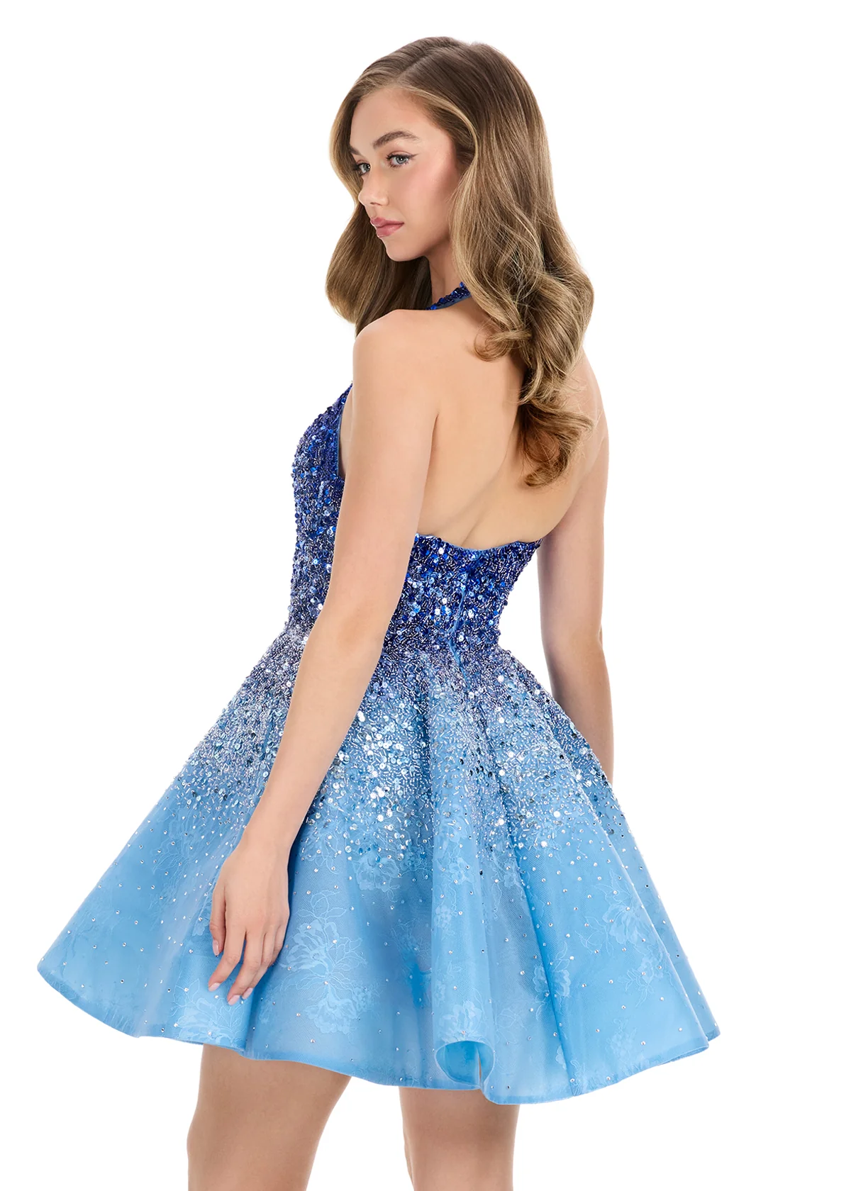 Ashley Lauren 4833 Short Sequin Flared Halter Homecoming Dress Ombre Cocktail Gown V Neck - Image 3