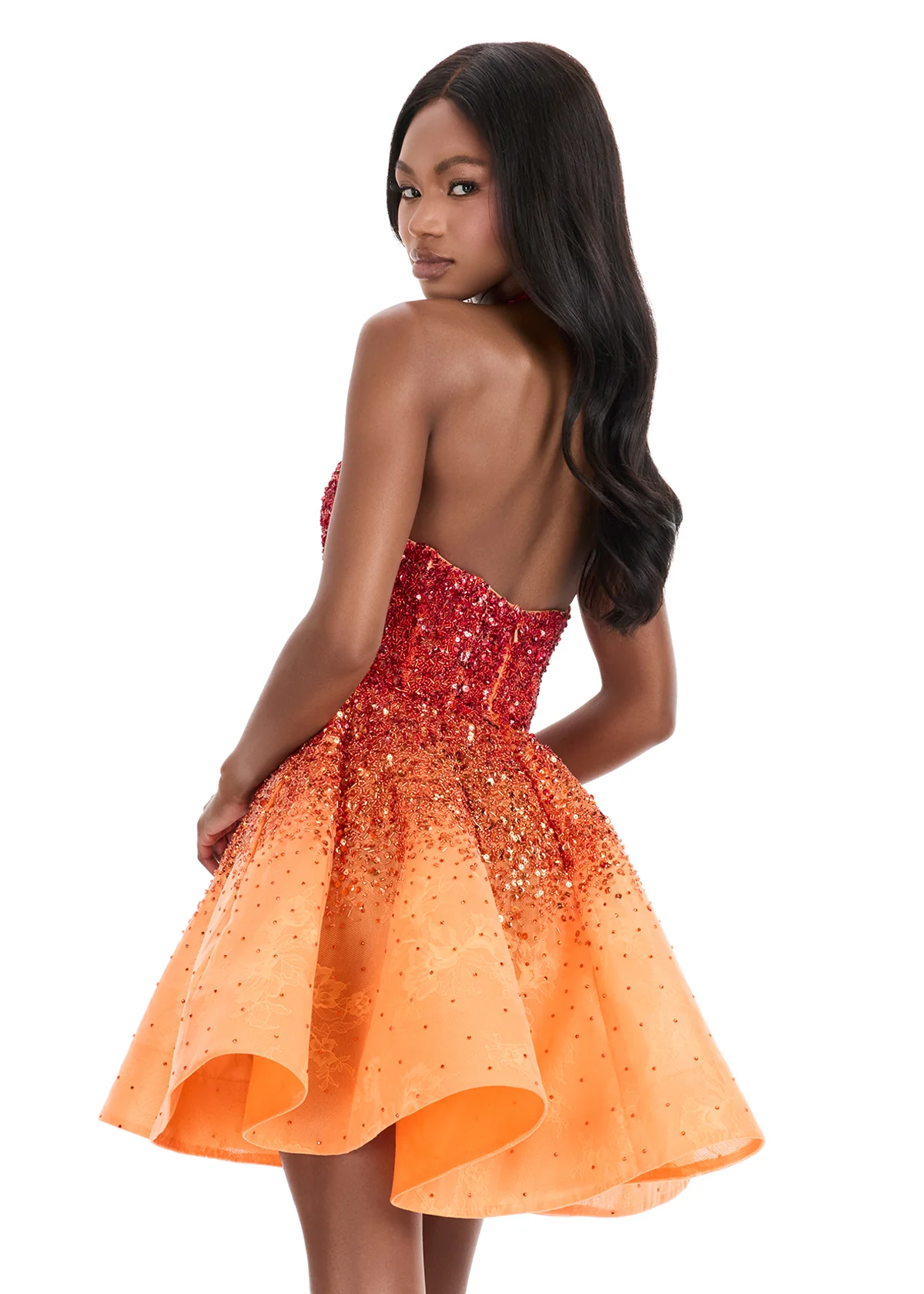 Ashley Lauren 4833 Short Sequin Flared Halter Homecoming Dress Ombre Cocktail Gown V Neck - Image 4