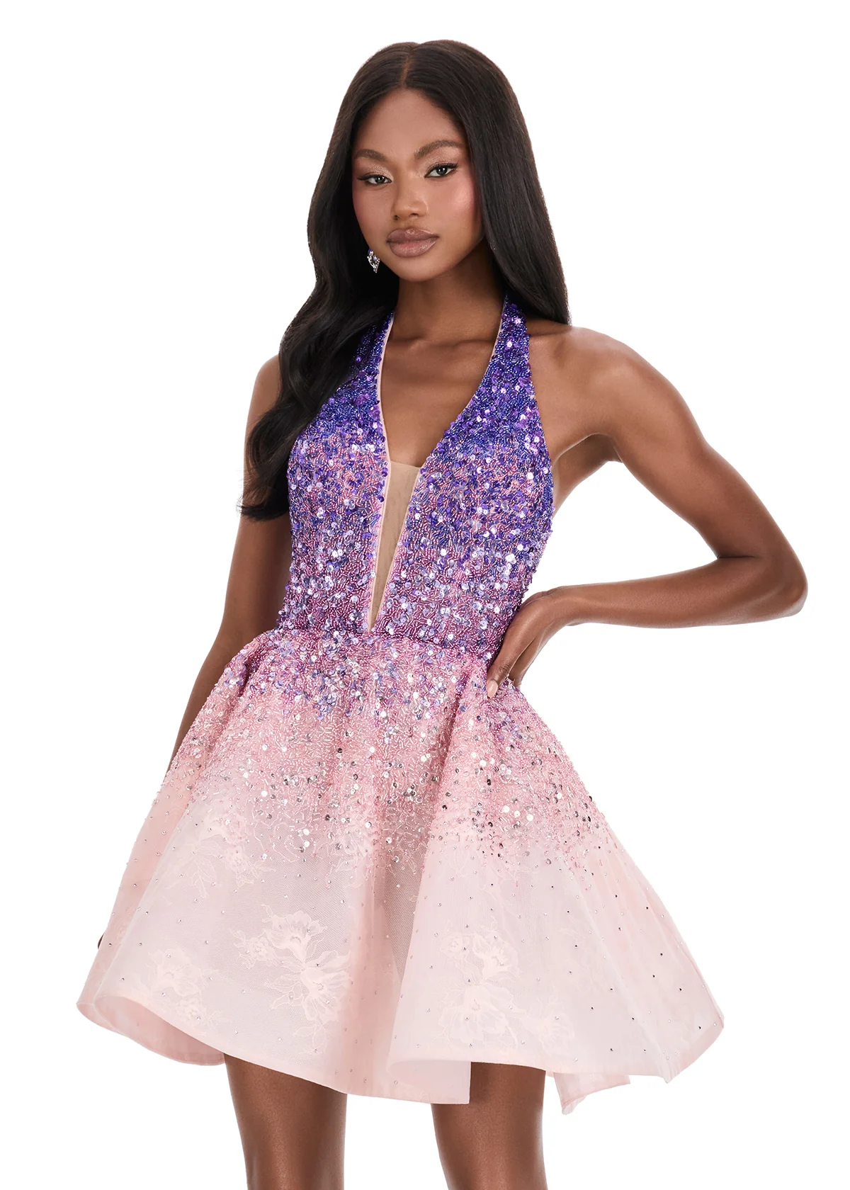 Ashley Lauren 4833 Short Sequin Flared Halter Homecoming Dress Ombre Cocktail Gown V Neck - Image 5