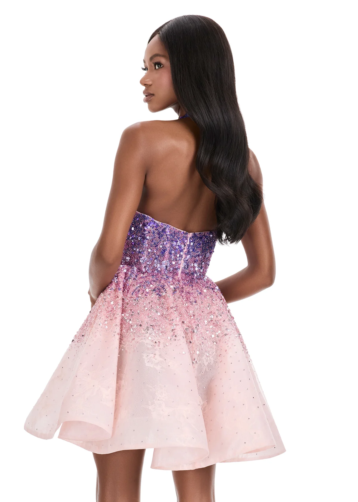Ashley Lauren 4833 Short Sequin Flared Halter Homecoming Dress Ombre Cocktail Gown V Neck - Image 6