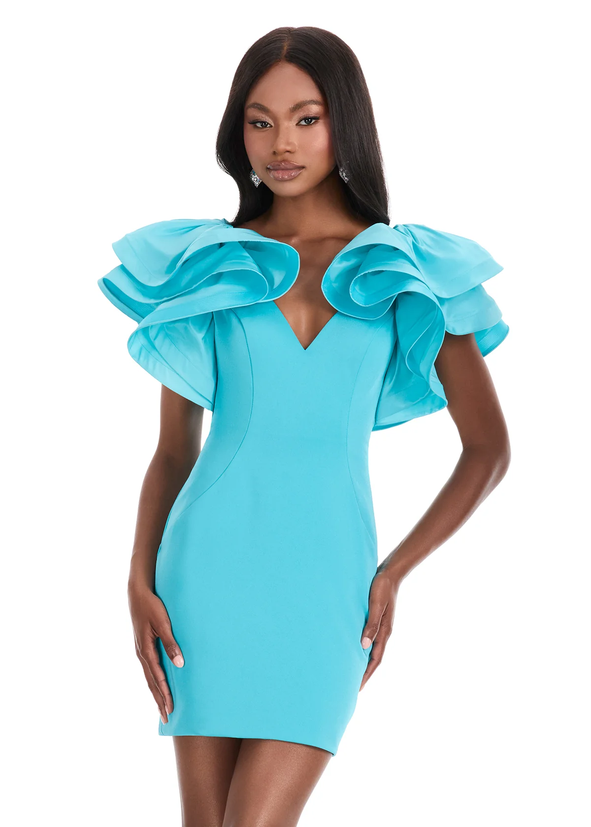 Ashley Lauren 4841 Short Fitted Ruffle Sleeve Cocktail Dress Formal Pageant Interview Gown