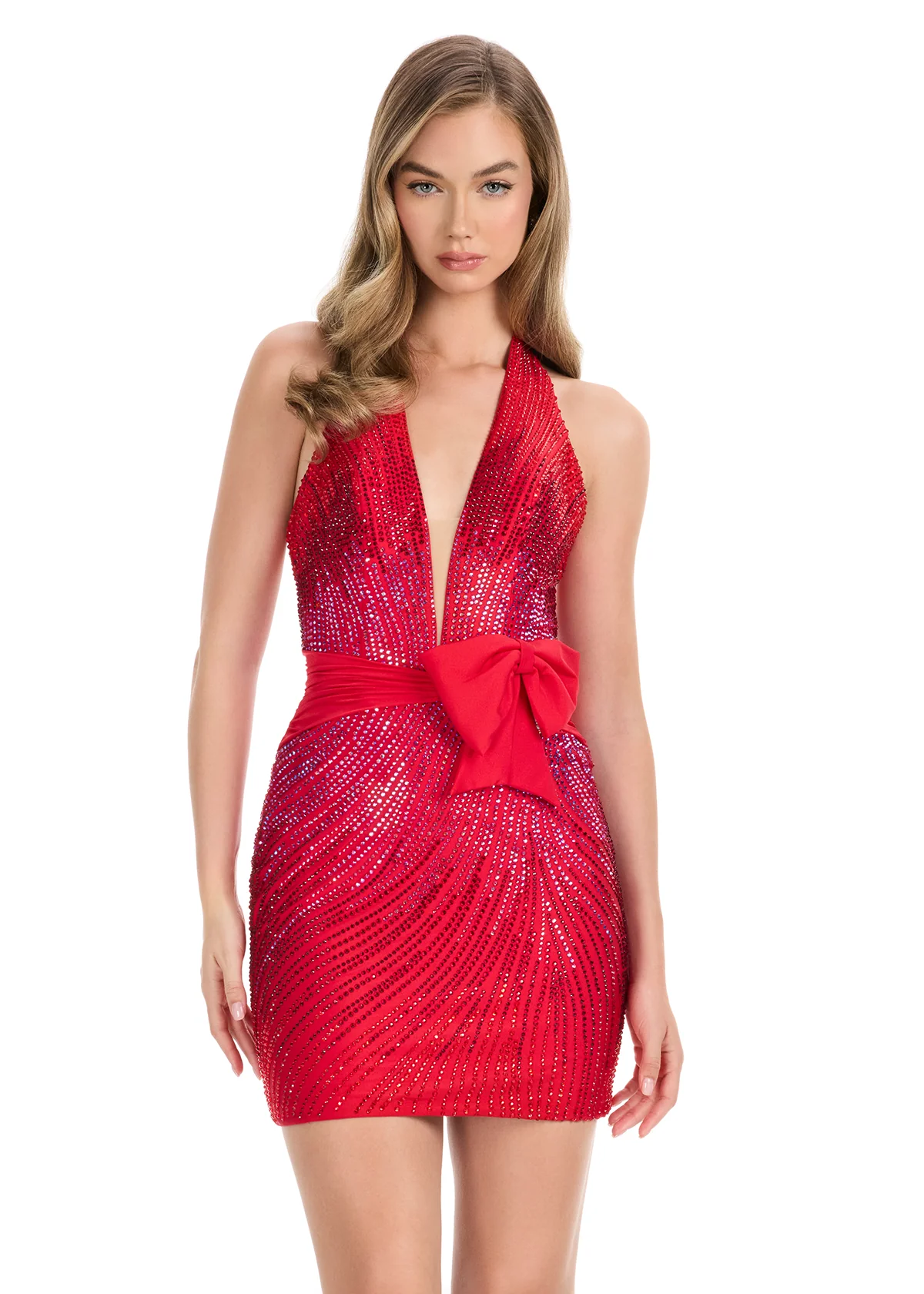 Ashley Lauren 4854 bow cocktail dress plunging neckline - Image 2