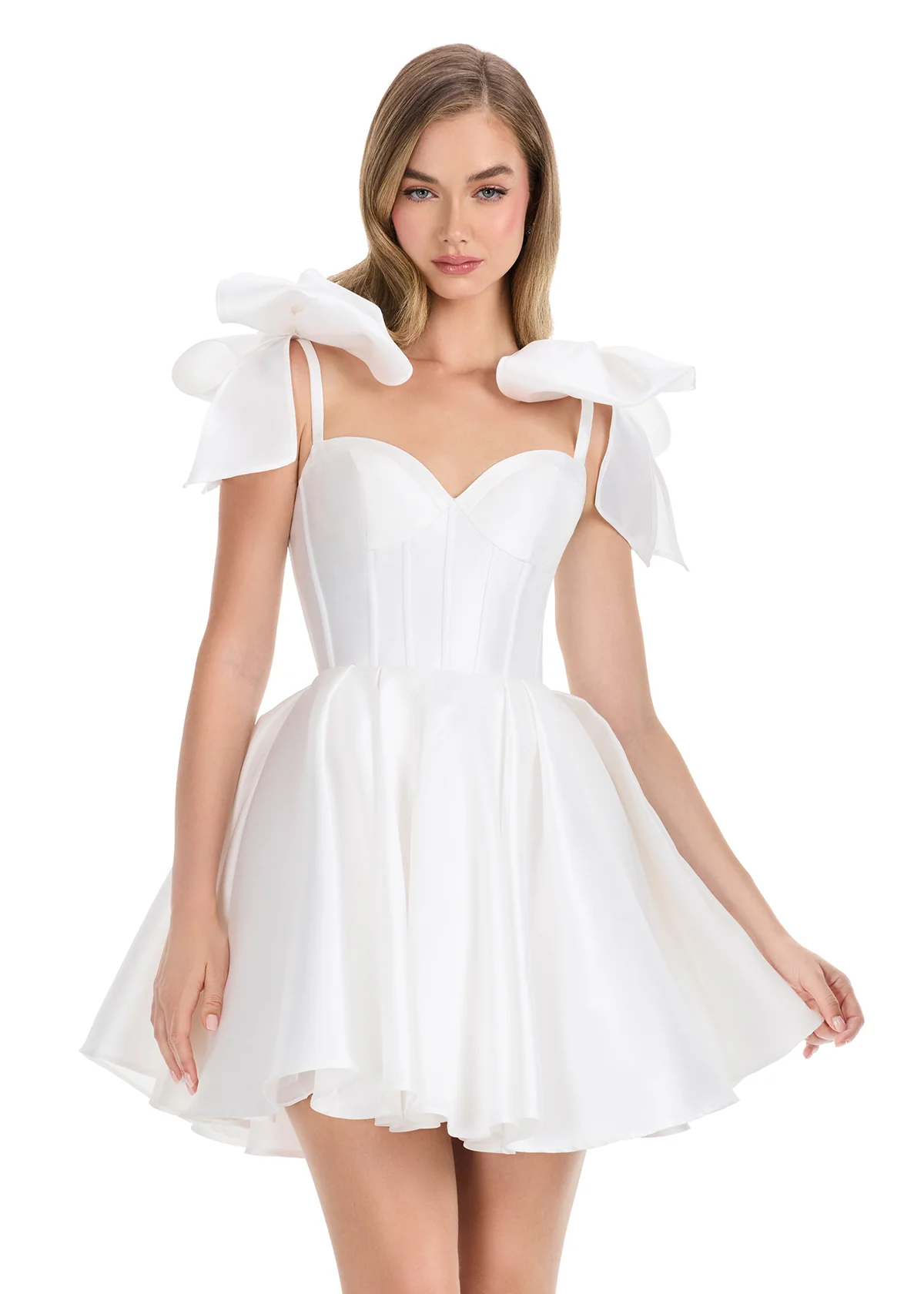 Ashley Lauren 4855 Size 12 Ivory Short Bow Homecoming Dress Cocktail Gown Corset Fit & Flare Pageant