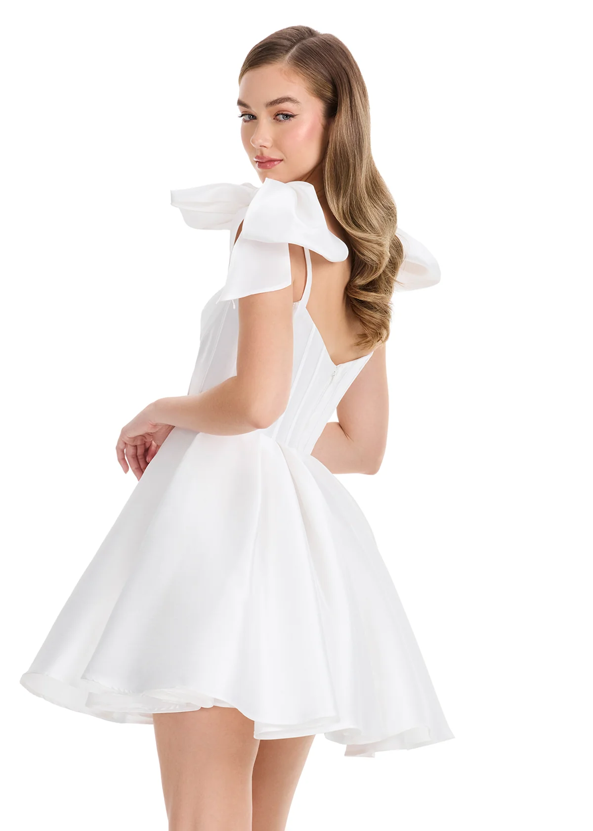 Ashley Lauren 4855 Size 12 Ivory Short Bow Homecoming Dress Cocktail Gown Corset Fit & Flare Pageant - Image 2
