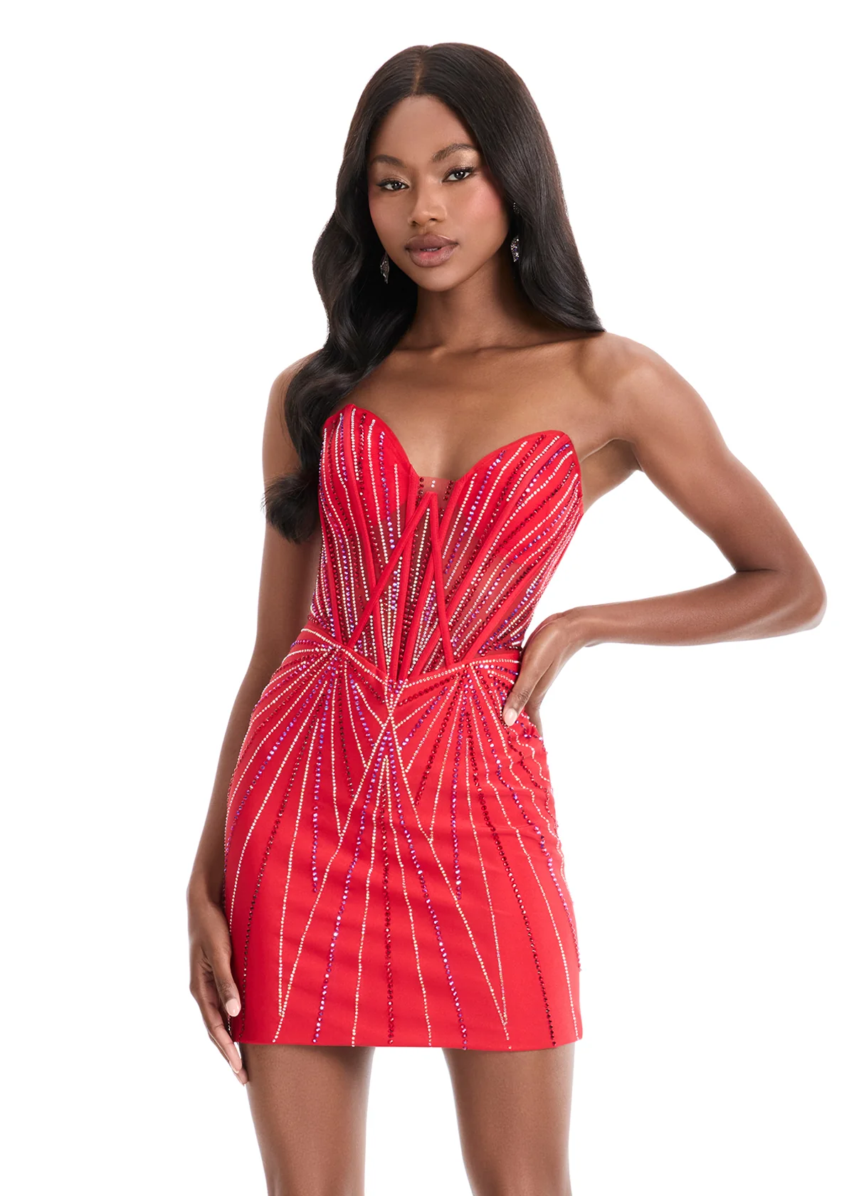 Ashley Lauren 4859 short sheer corset cocktail dress crystal strapless homecoming gown