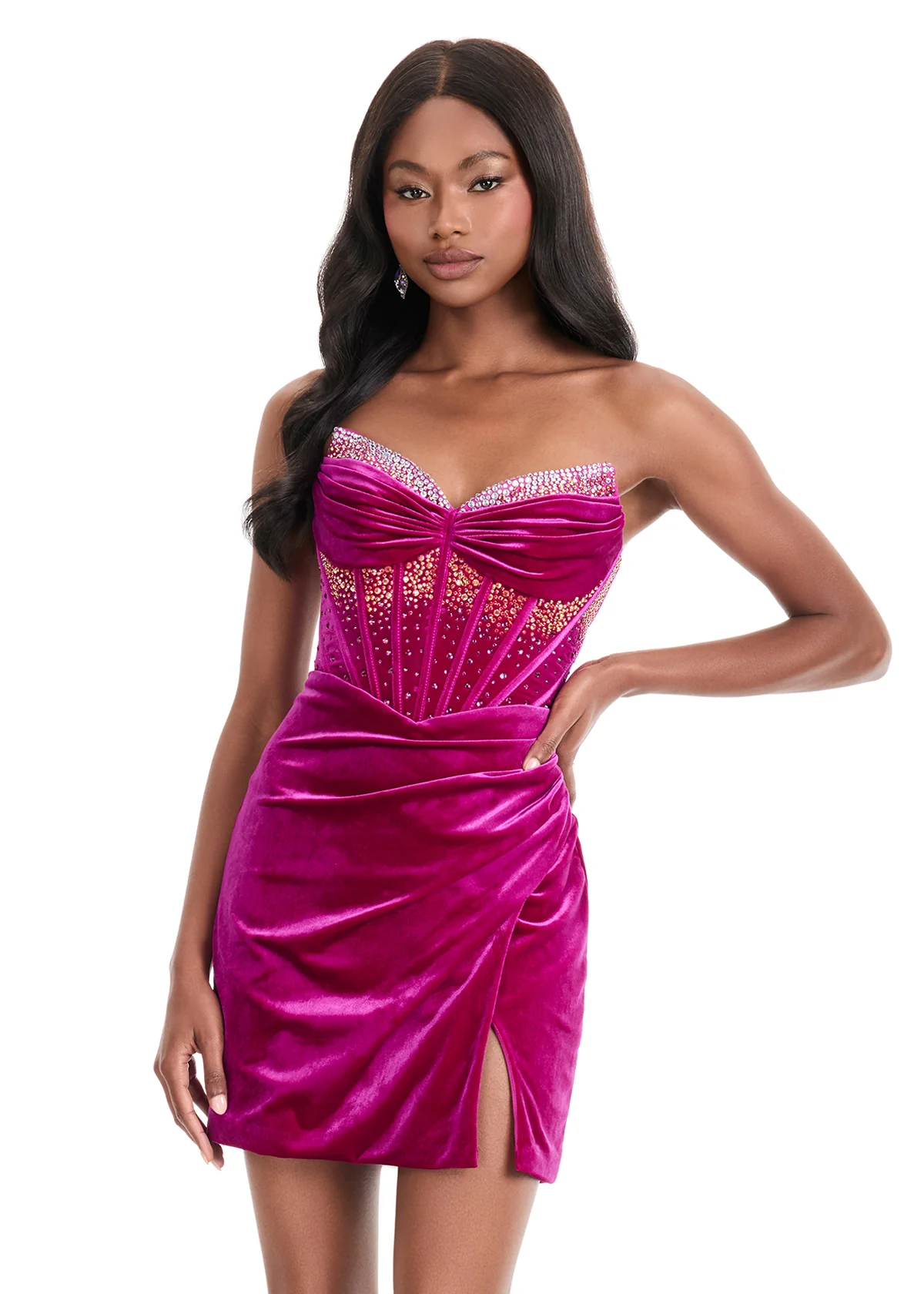 Ashley Lauren 4865 Size 8 Teal Short Velvet Homecoming Dress Corset Crystal Slit Cocktail Gown Fitted - Image 3