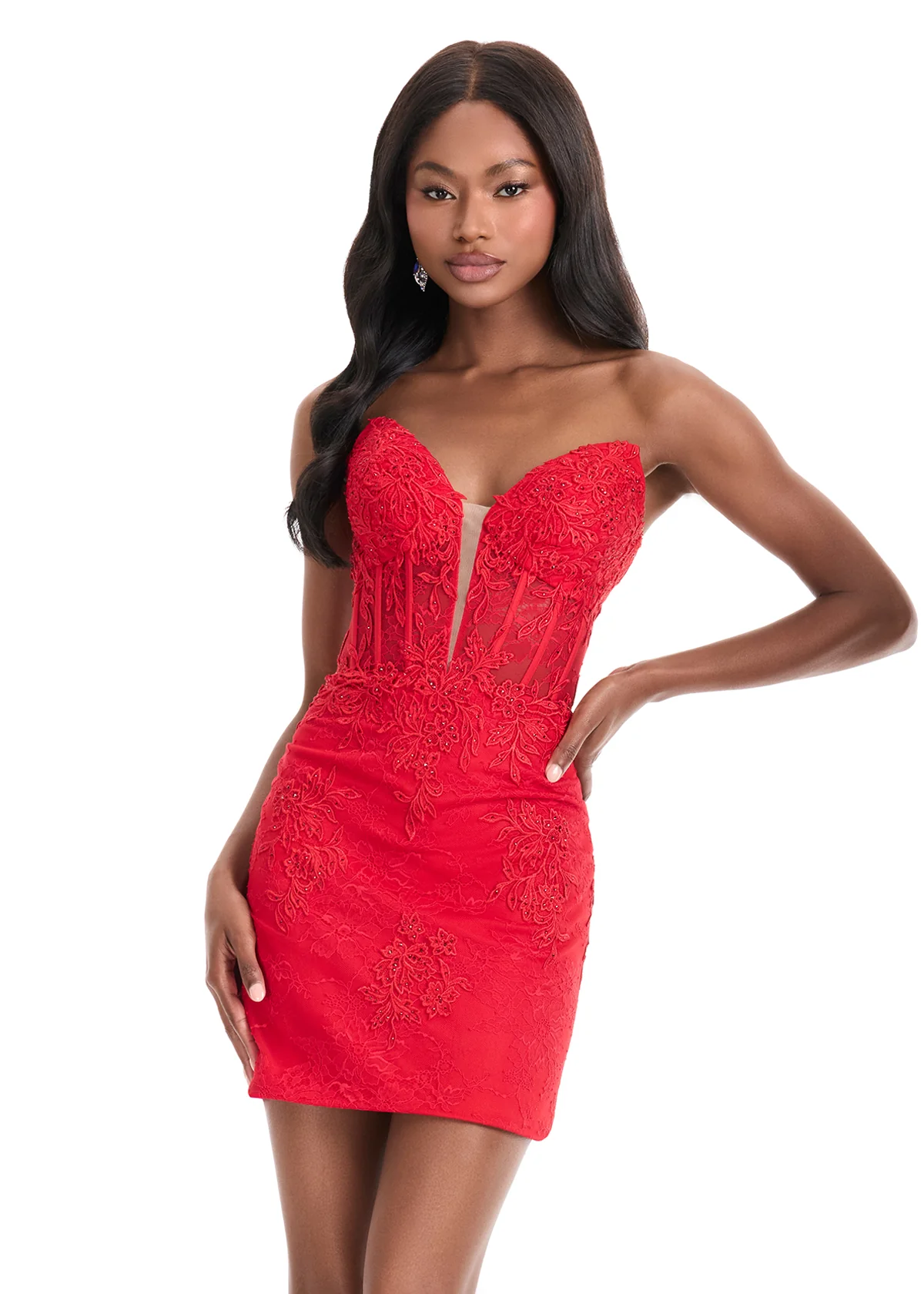 Ashley Lauren 4880 mini lace homecoming dress Corset Short Cocktail Gown V Neck