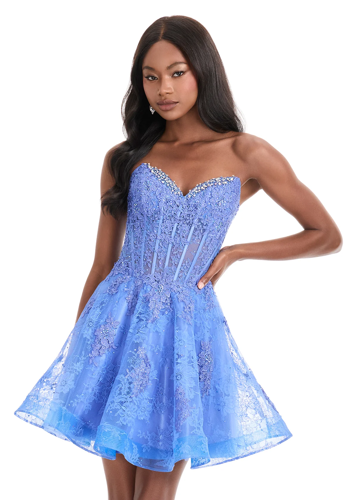 Ashley Lauren 4882 short lace cocktail Dress Sheer Corset Fit & Flare Formal Gown V neck