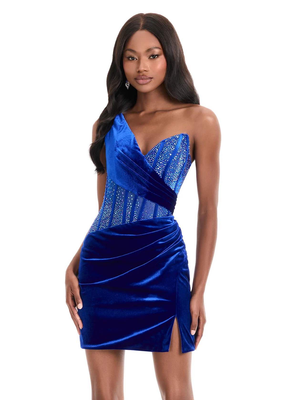 Ashley Lauren 4886 Short Cocktail Dress Velvet Sheer Corset Crystal One Shoulder Homecoming Gown - Image 2