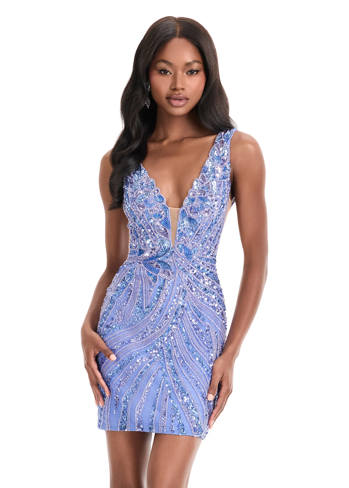 Ashley Lauren 4893 Short Fitted Sequin Homecoming Dress Sheer Beaded Cocktail Dress V Neck - Image 7