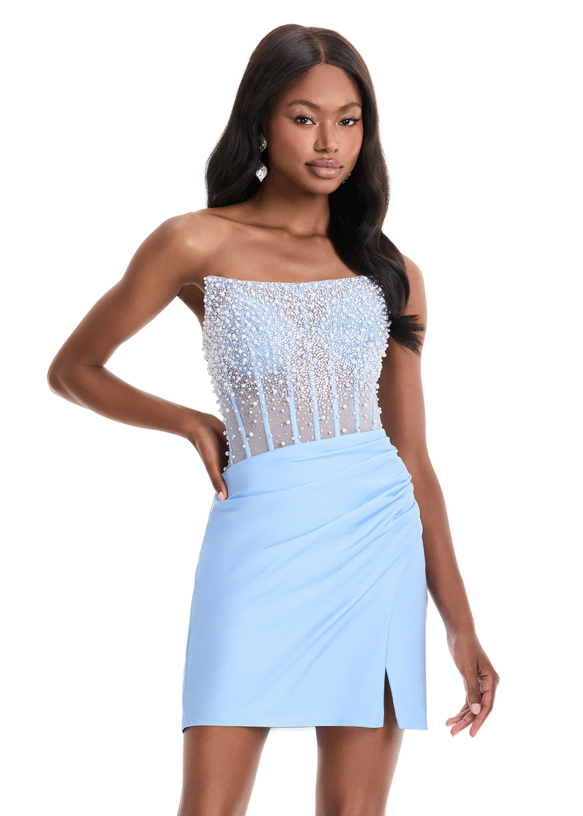 Ashley Lauren 4923 Pearl Crystal Corset Homecoming Dress Sheer Slit Ruched Formal Gown - Image 3