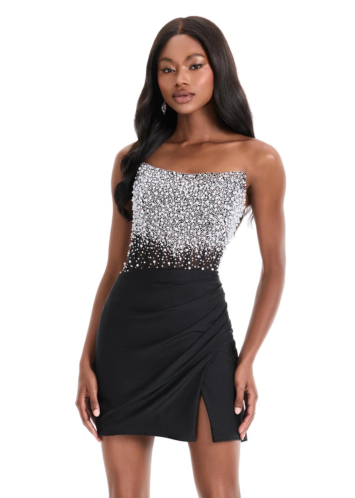 Ashley Lauren 4923 Pearl Crystal Corset Homecoming Dress Sheer Slit Ruched Formal Gown - Image 5