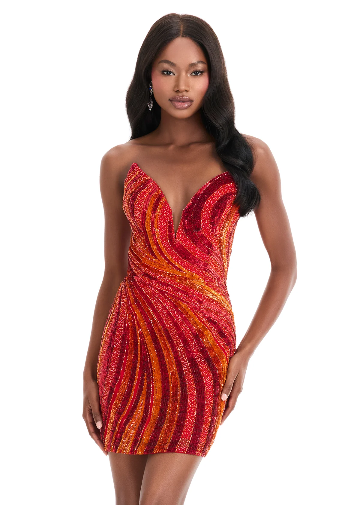 Ashley Lauren 4932 Fitted Beaded Sequin Dress Cocktail Gown V Neck Formal Homecoming - Image 2