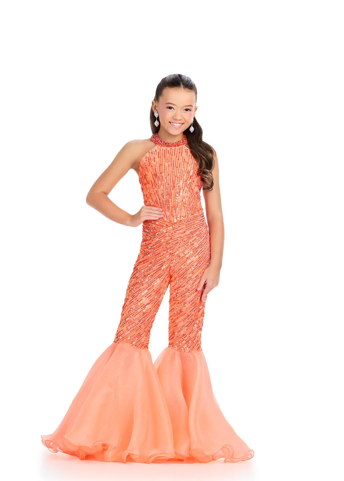 Ashley Lauren 8318 Kids Beaded Jumpsuit With Halter Neckline And Organza Flare Pants