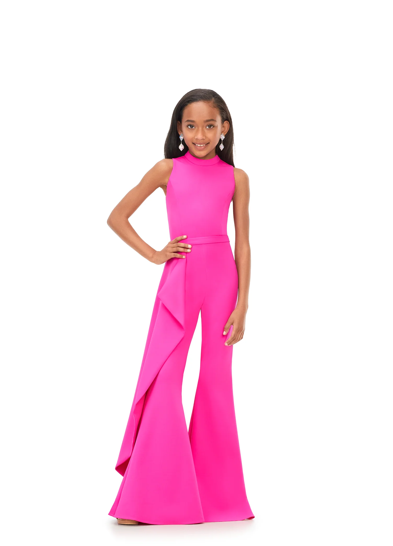 Ashley Lauren Kids 8158 Size 4 Turquoise Girls Pageant Jumpsuit with Ruffle Side Scuba High Neckline - Image 4