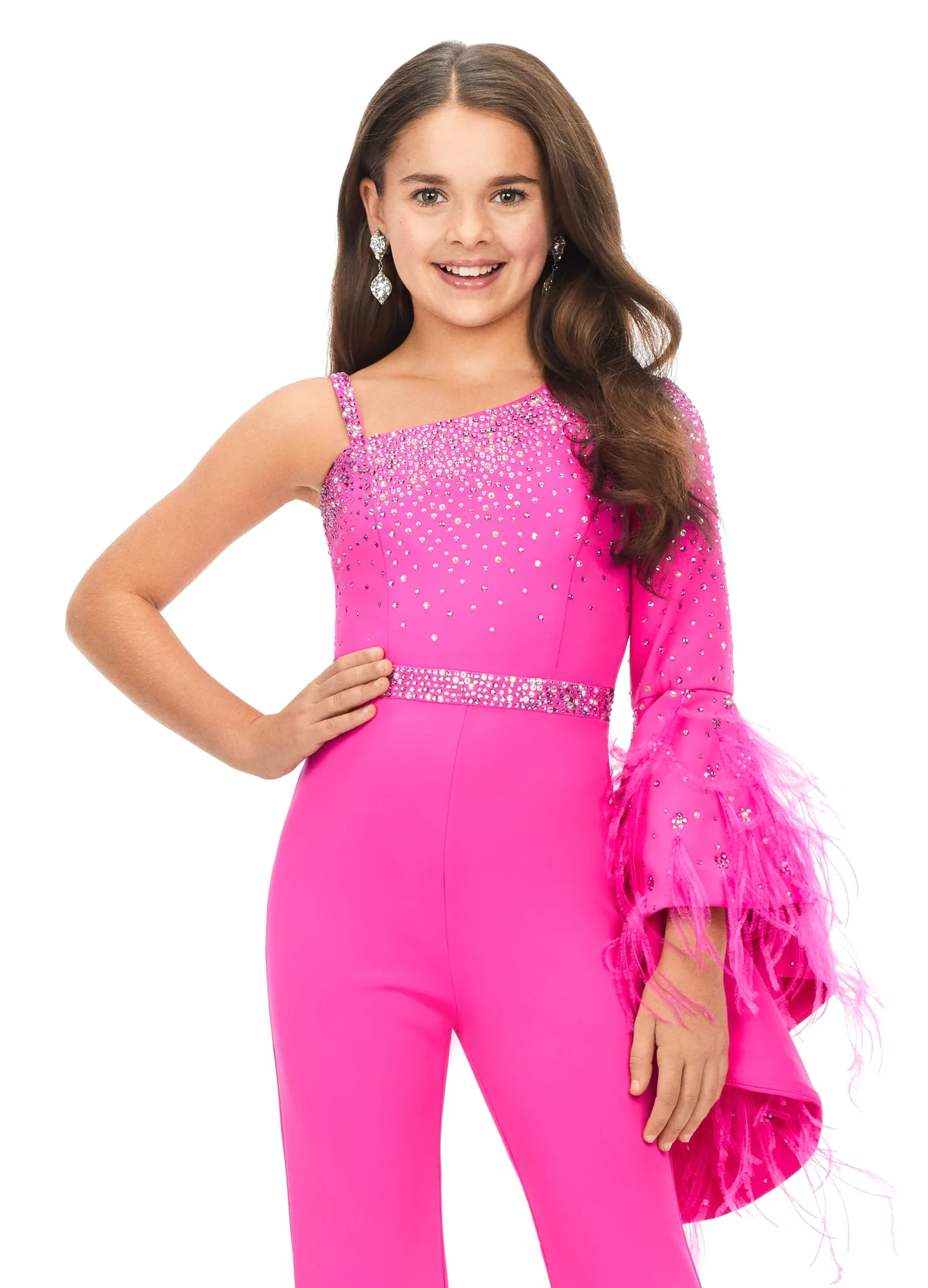 Ashley Lauren Kids 8178 Size 12 Fuchsia Girls Pageant Jumpsuit Scuba One Shoulder Jumpsuit with Bell Sleeve - Image 3