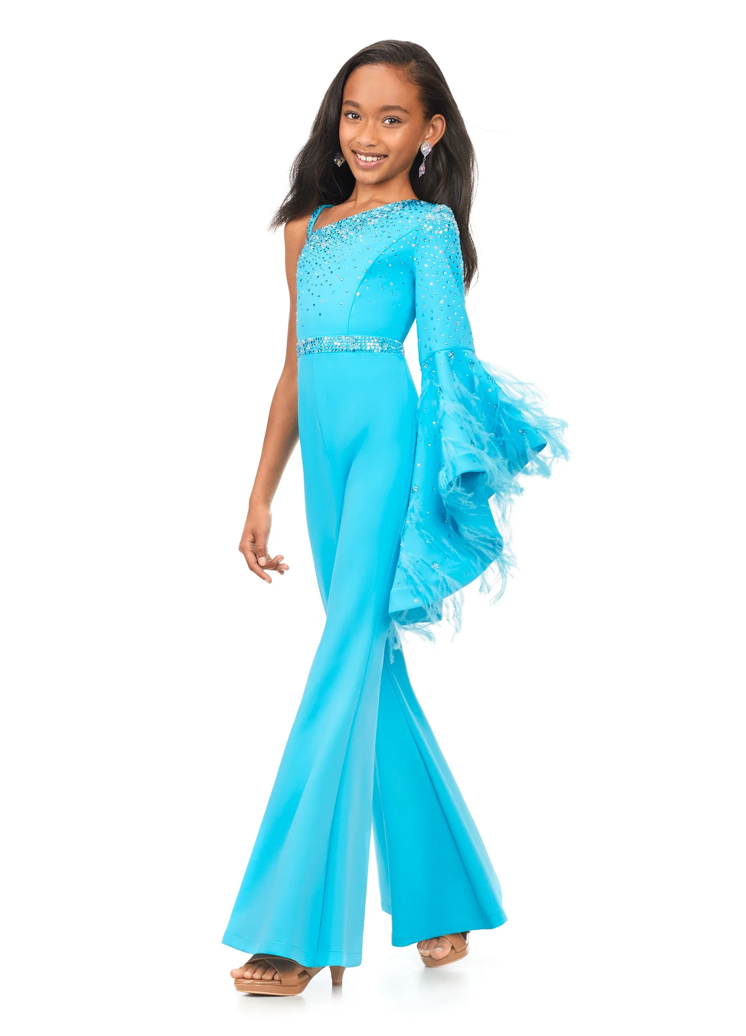 Ashley Lauren Kids 8178 Size 12 Fuchsia Girls Pageant Jumpsuit Scuba One Shoulder Jumpsuit with Bell Sleeve - Image 4