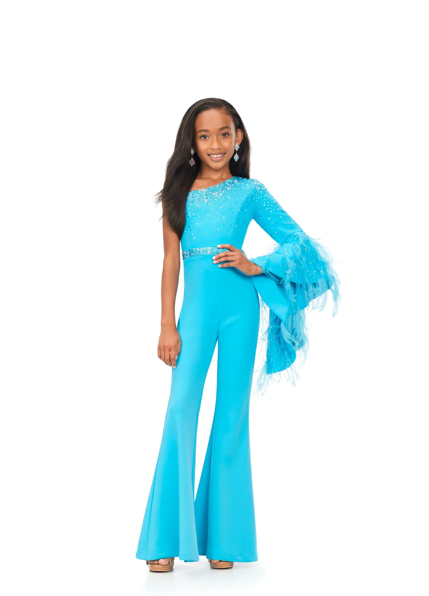 Ashley Lauren Kids 8178 Size 12 Fuchsia Girls Pageant Jumpsuit Scuba One Shoulder Jumpsuit with Bell Sleeve - Image 5
