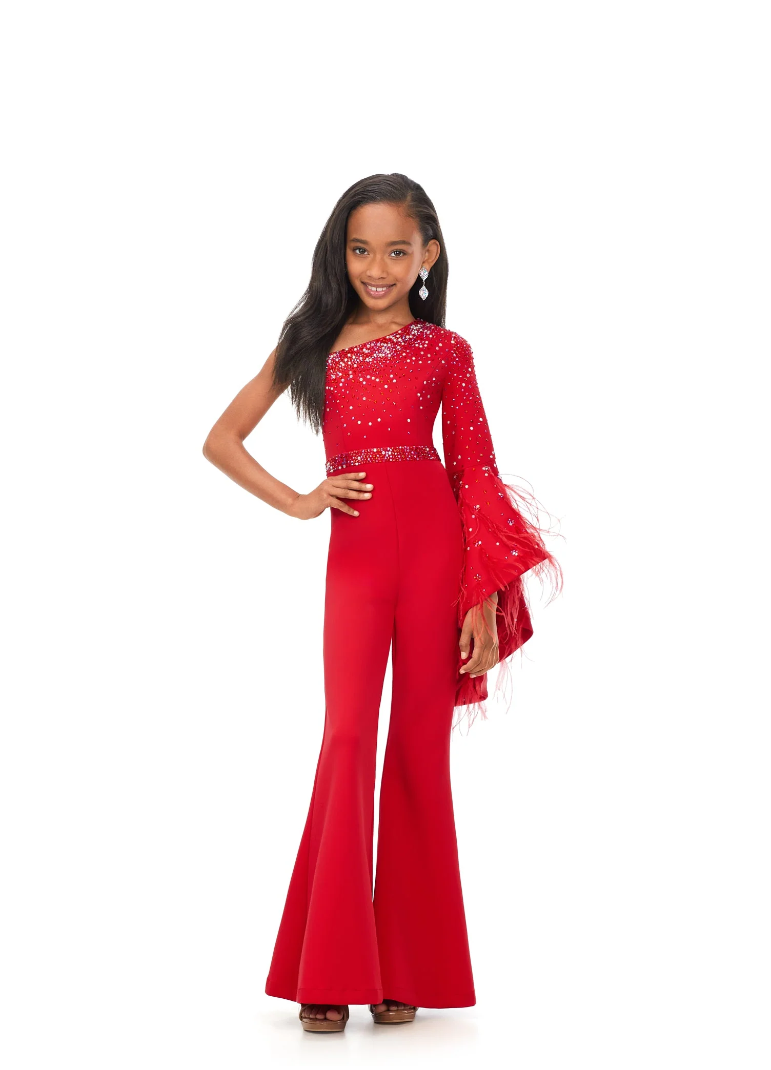 Ashley Lauren Kids 8178 Size 12 Fuchsia Girls Pageant Jumpsuit Scuba One Shoulder Jumpsuit with Bell Sleeve - Image 7