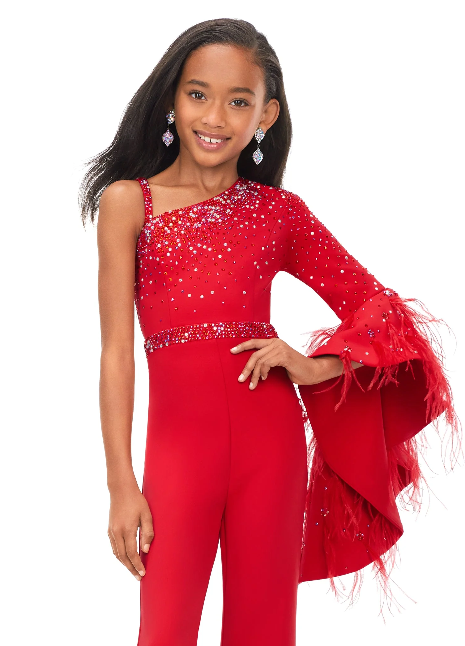 Ashley Lauren Kids 8178 Size 12 Fuchsia Girls Pageant Jumpsuit Scuba One Shoulder Jumpsuit with Bell Sleeve - Image 8