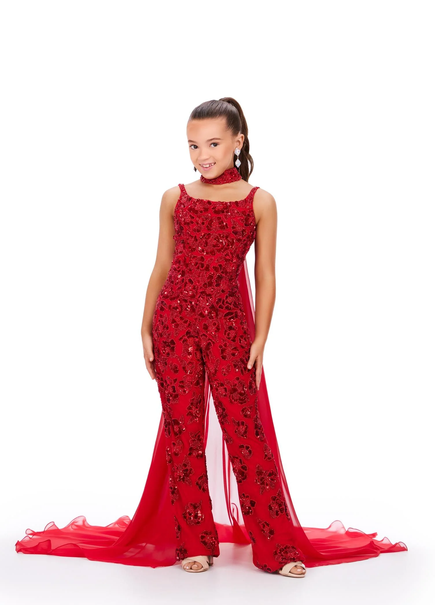 Ashley Lauren 8190 Size 6 Ivory Jumpsuit Girls Pageant Beaded Choker Chiffon Cape - Image 3