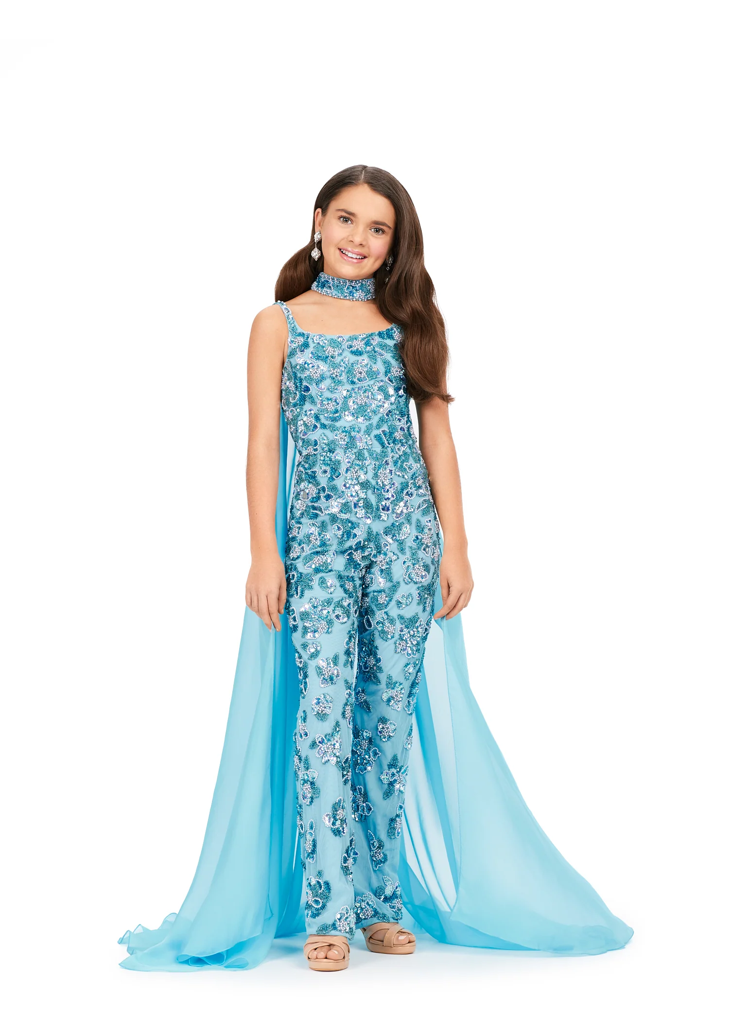 Ashley Lauren 8190 Size 6 Ivory Jumpsuit Girls Pageant Beaded Choker Chiffon Cape - Image 4