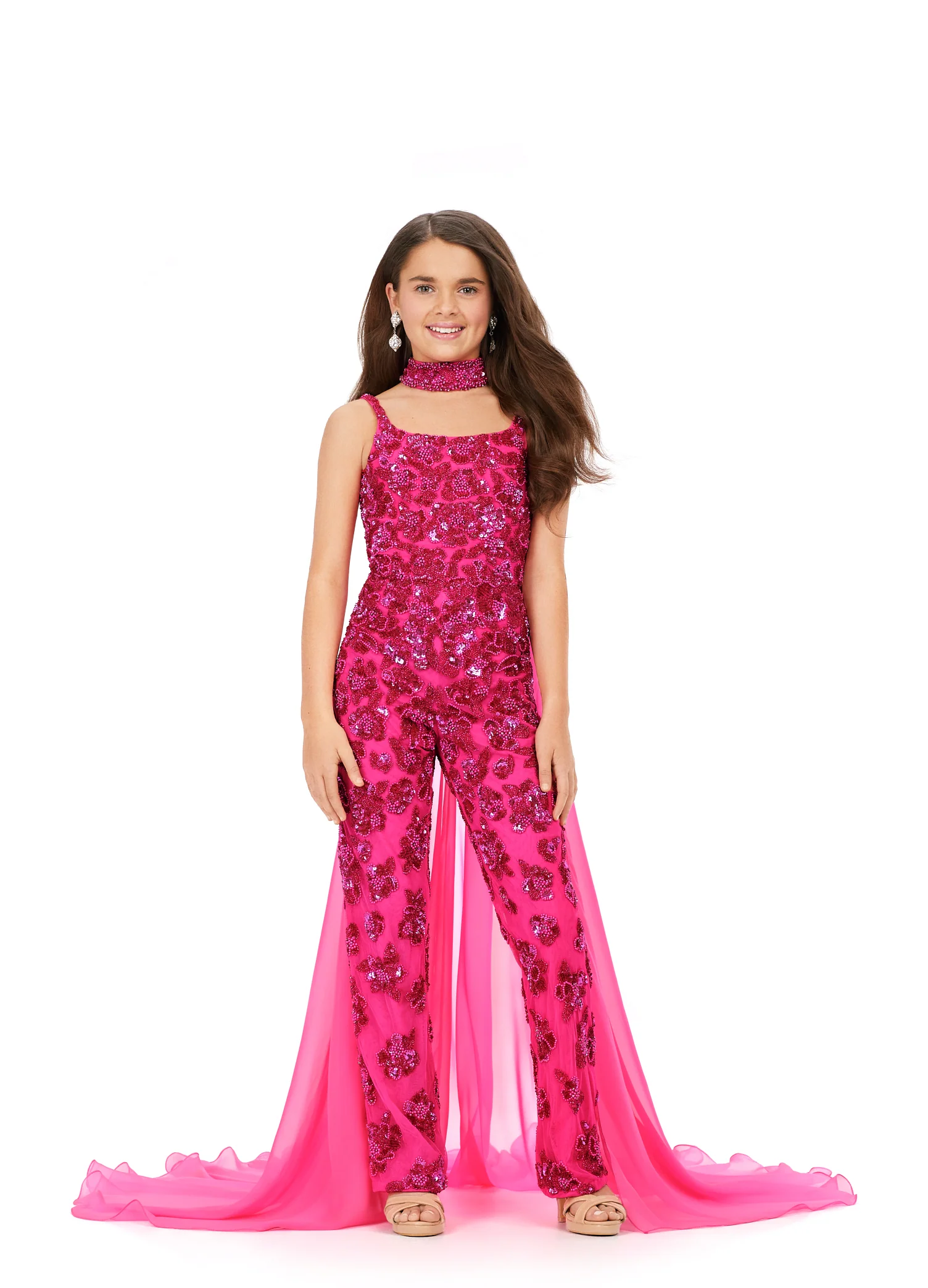 Ashley Lauren 8190 Size 6 Ivory Jumpsuit Girls Pageant Beaded Choker Chiffon Cape - Image 5