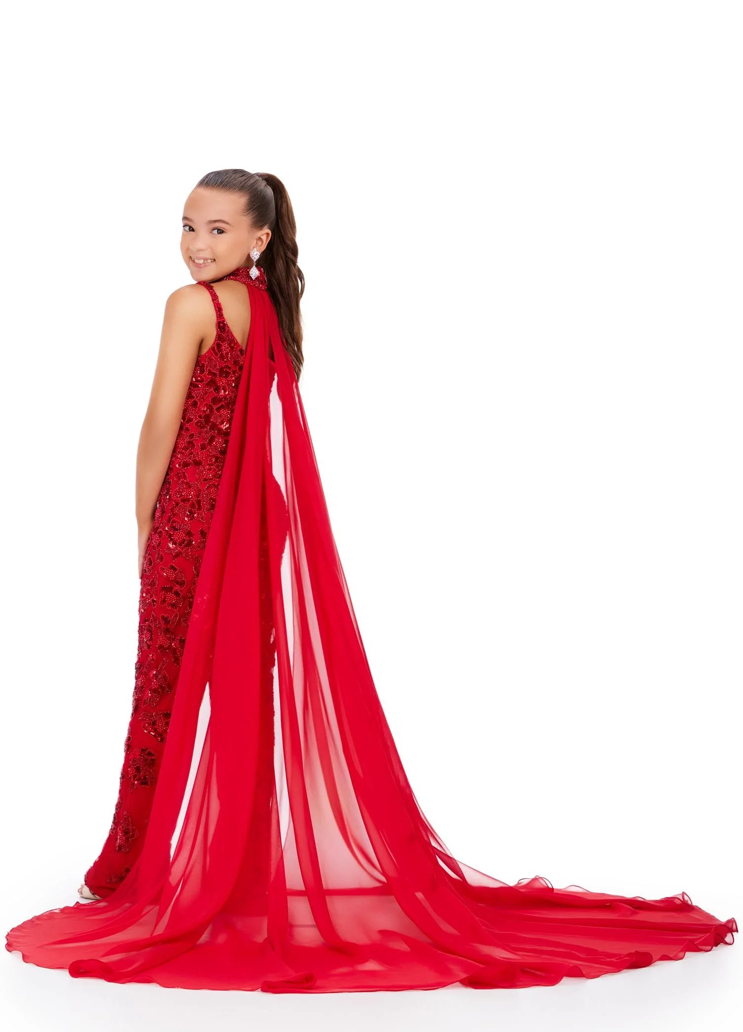 Ashley Lauren 8190 Size 6 Ivory Jumpsuit Girls Pageant Beaded Choker Chiffon Cape - Image 6