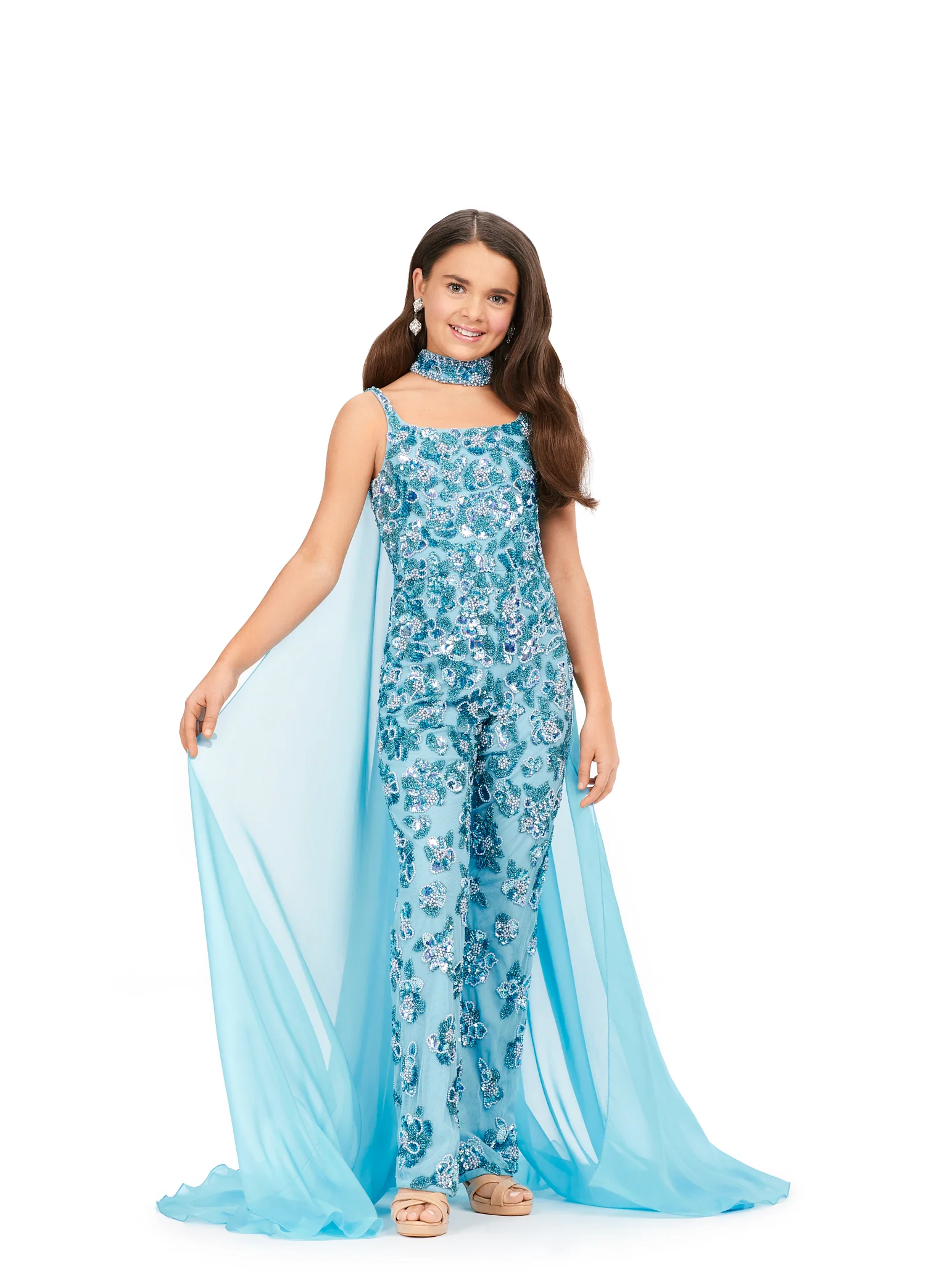 Ashley Lauren 8190 Size 6 Ivory Jumpsuit Girls Pageant Beaded Choker Chiffon Cape - Image 8