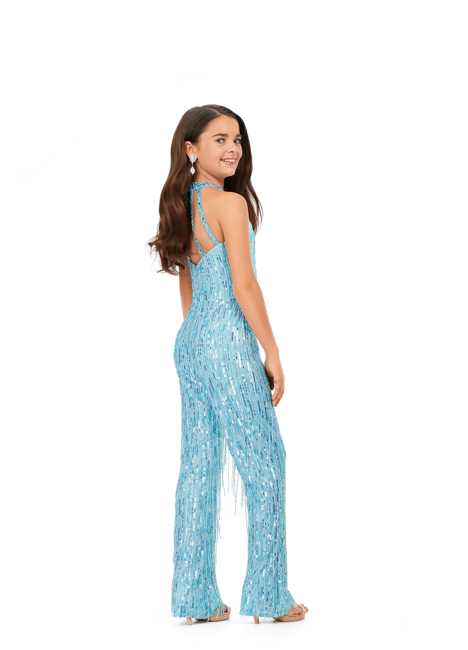 Ashley Lauren 8194 Girls Pageant Jumpsuit Fully Beaded Halter Top Fringe Jumpsuit - Image 6