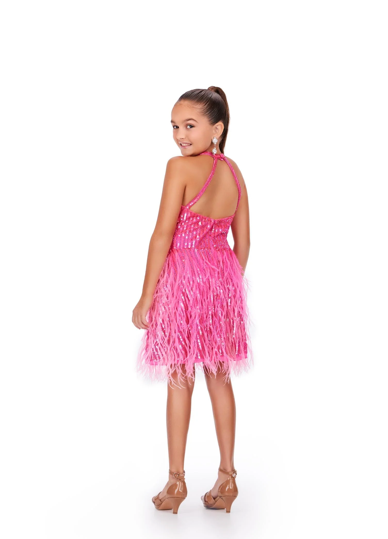 Ashley Lauren Kids 8196 Size 10 Orchid Fully Beaded Girls Cocktail Dress Halter Top With Feather A-Line Skirt - Image 10