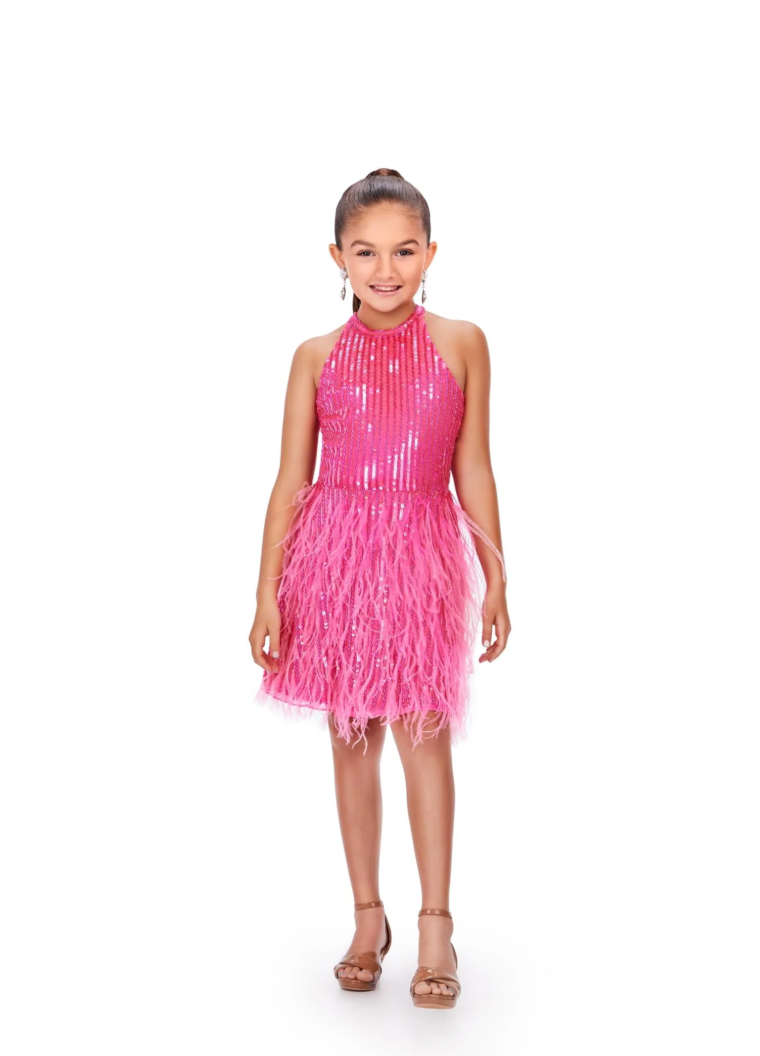 Ashley Lauren Kids 8196 Size 10 Orchid Fully Beaded Girls Cocktail Dress Halter Top With Feather A-Line Skirt - Image 4